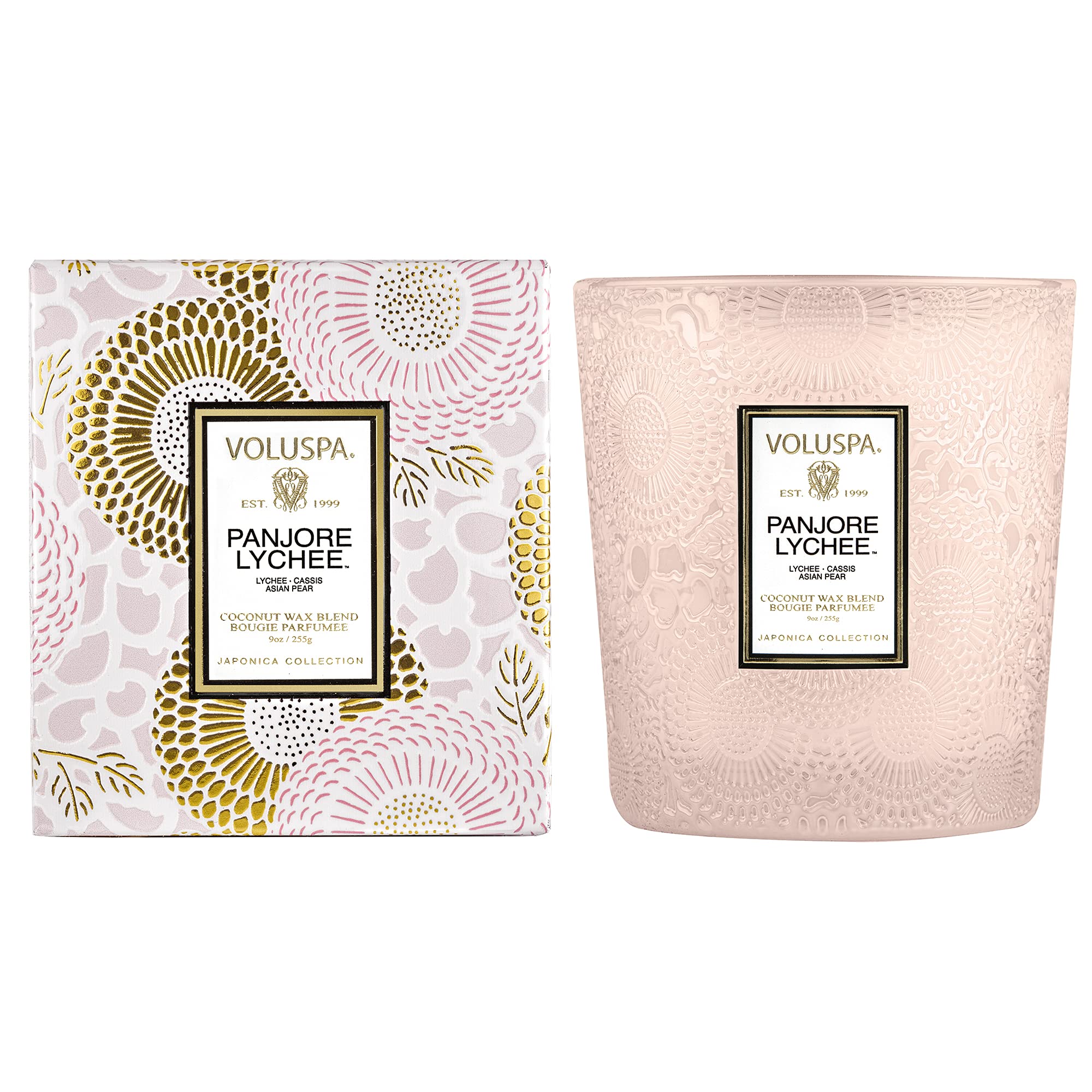Voluspa Panjore Lychee, Classic Boxed Candle, 9 Ounce, 60 Hour Burn Time, Coconut Wax for Clean Burning, Handcrafted in The USA