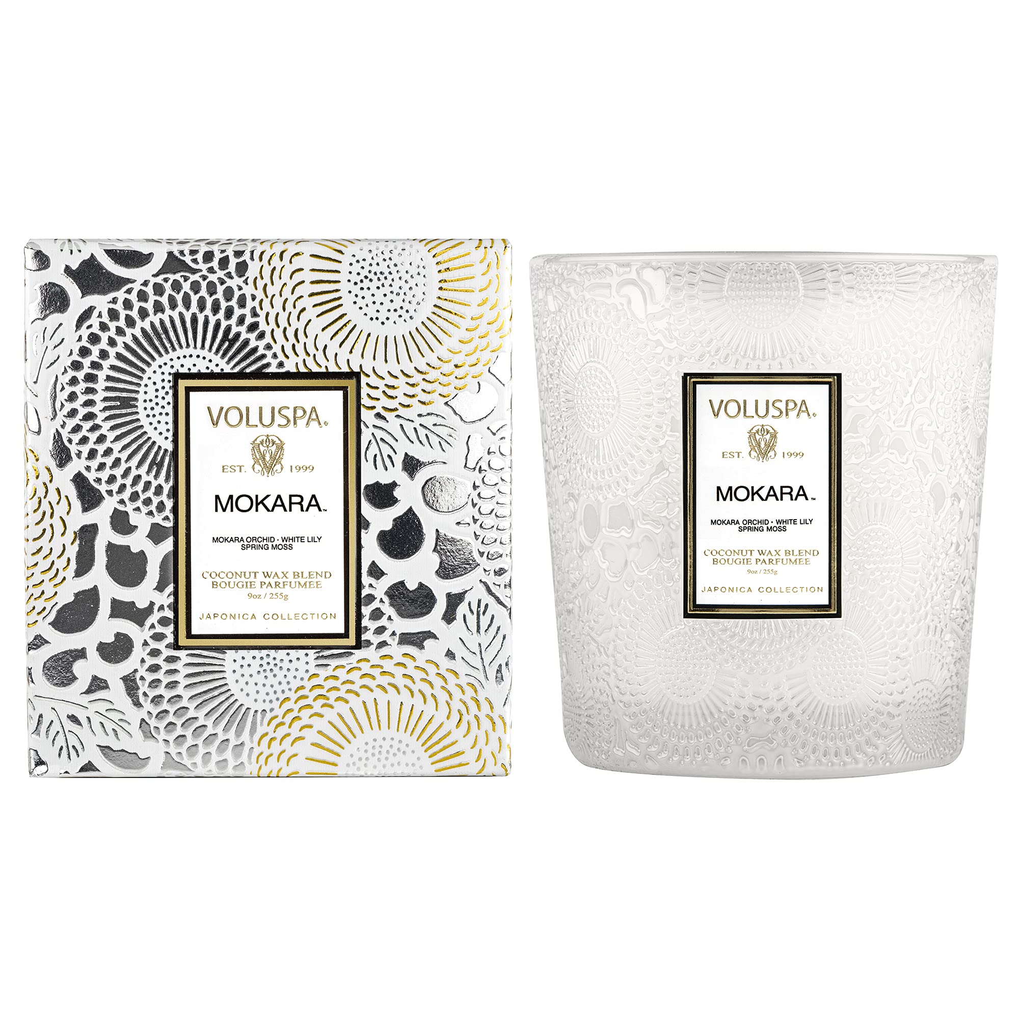 Voluspa Mokara, Classic Boxed Candle, 9 Ounce, 60 Hour Burn Time, Coconut Wax for Clean Burning, Handcrafted in The USA