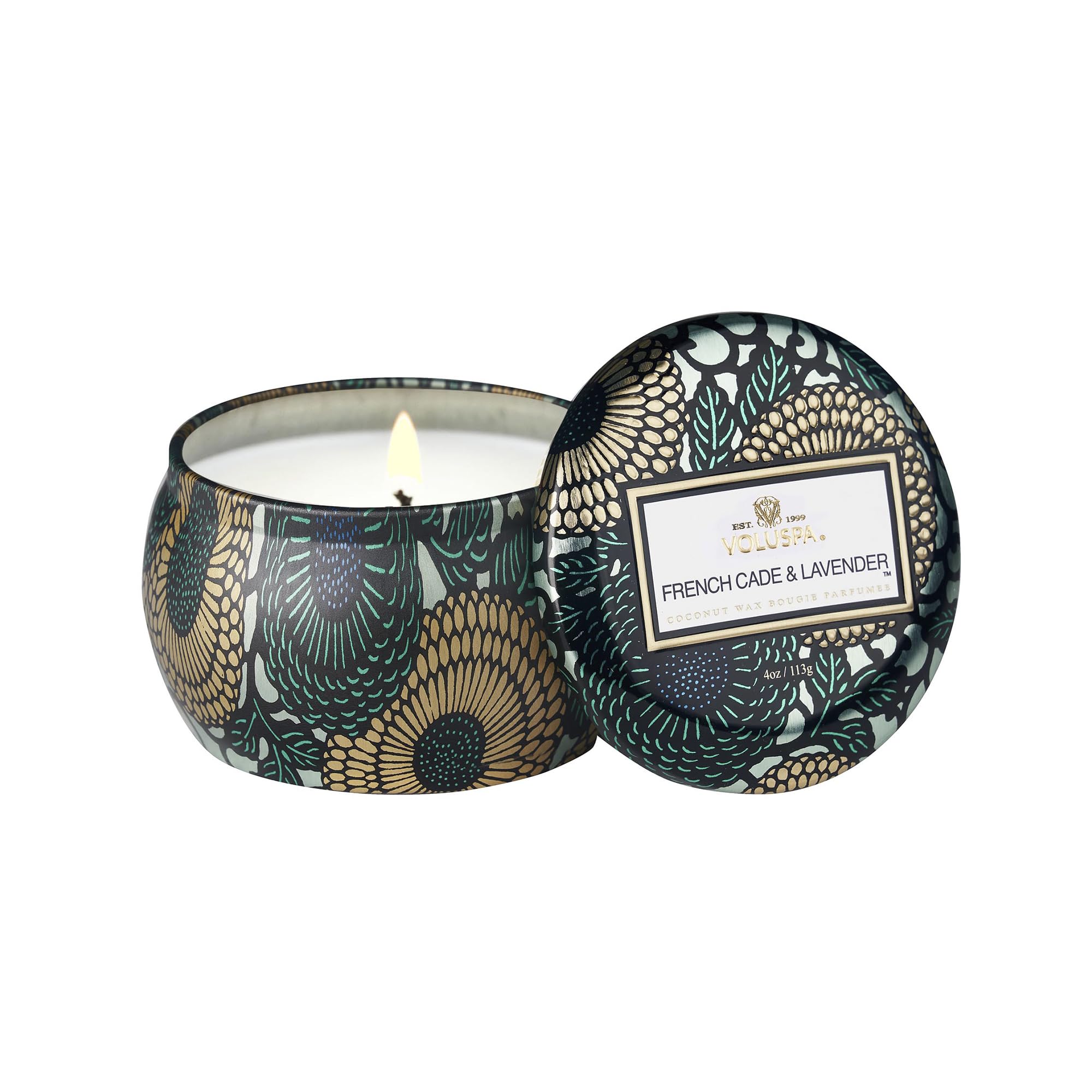 Voluspa French Cade Lavender, Mini Tin Candle, 4 oz, 25 Hour Burn Time, Coconut Wax for Clean Burning, Handcrafted in The USA