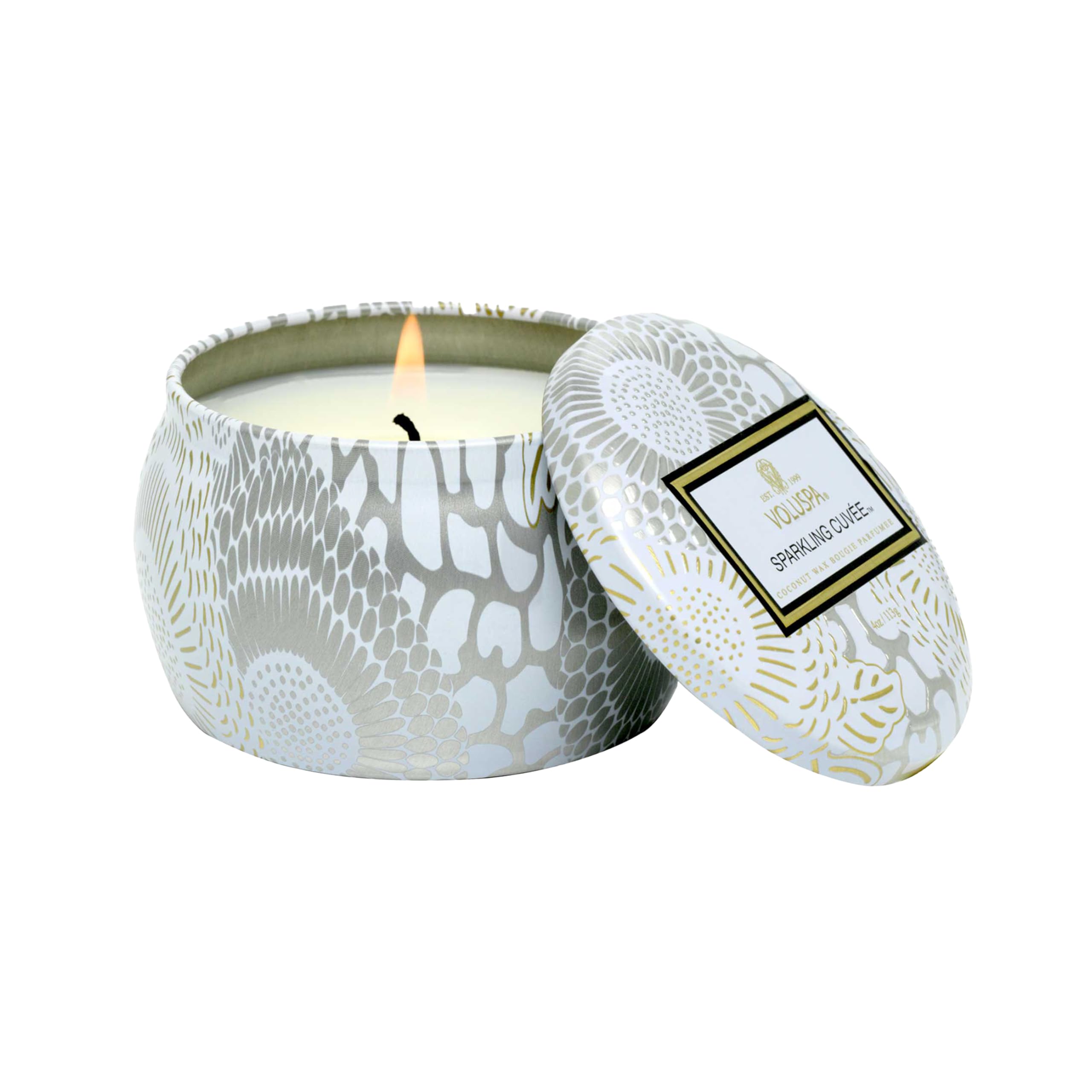 Voluspa Sparkling Cuvee, Mini Tin Candle, 4 oz, 25 Hour Burn Time, Coconut Wax for Clean Burning, Handcrafted in the USA