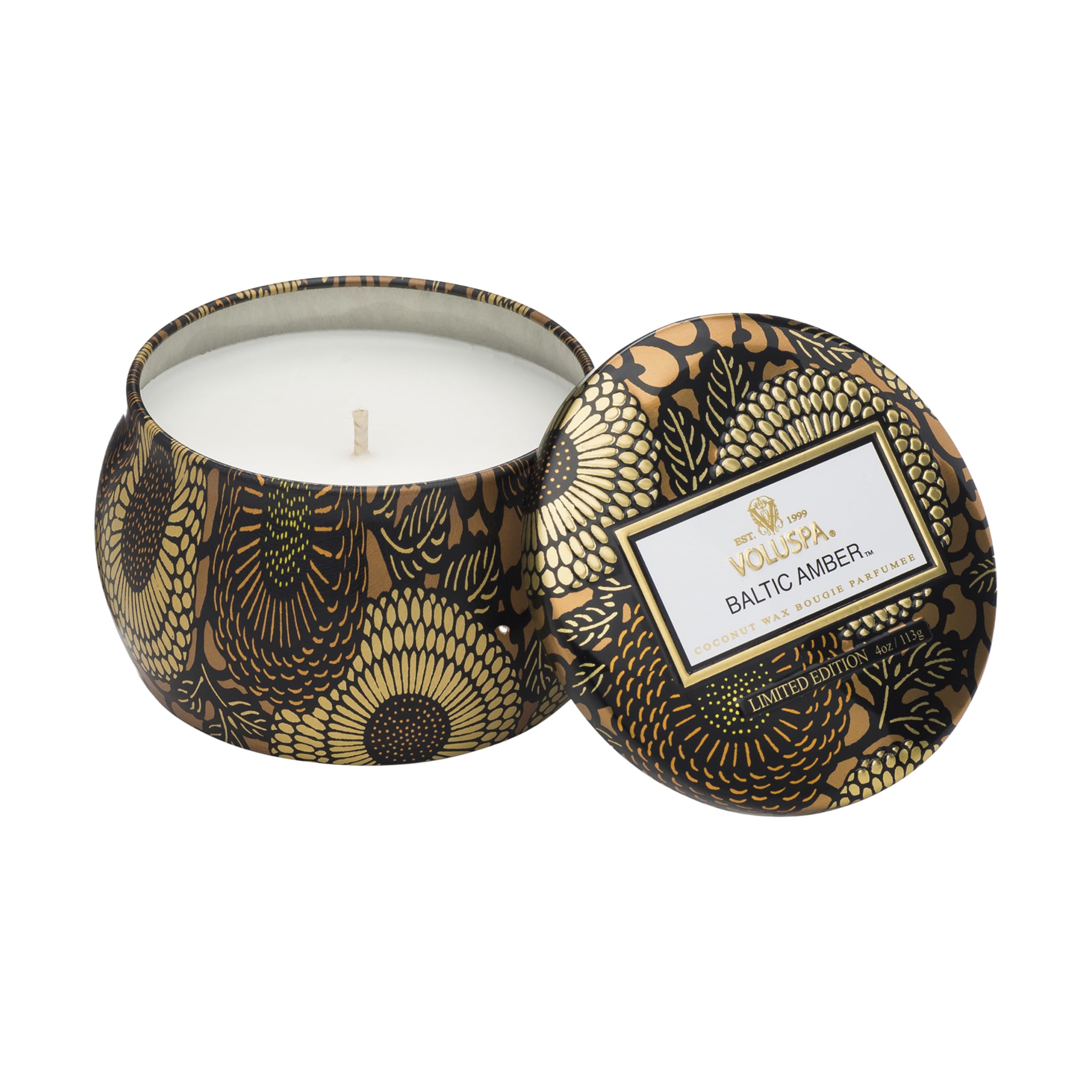 Voluspa Baltic Amber Candle | Mini Tin | 4 Oz. | 25 Hour Burn Time | Coconut Wax for a Cleaner Burn