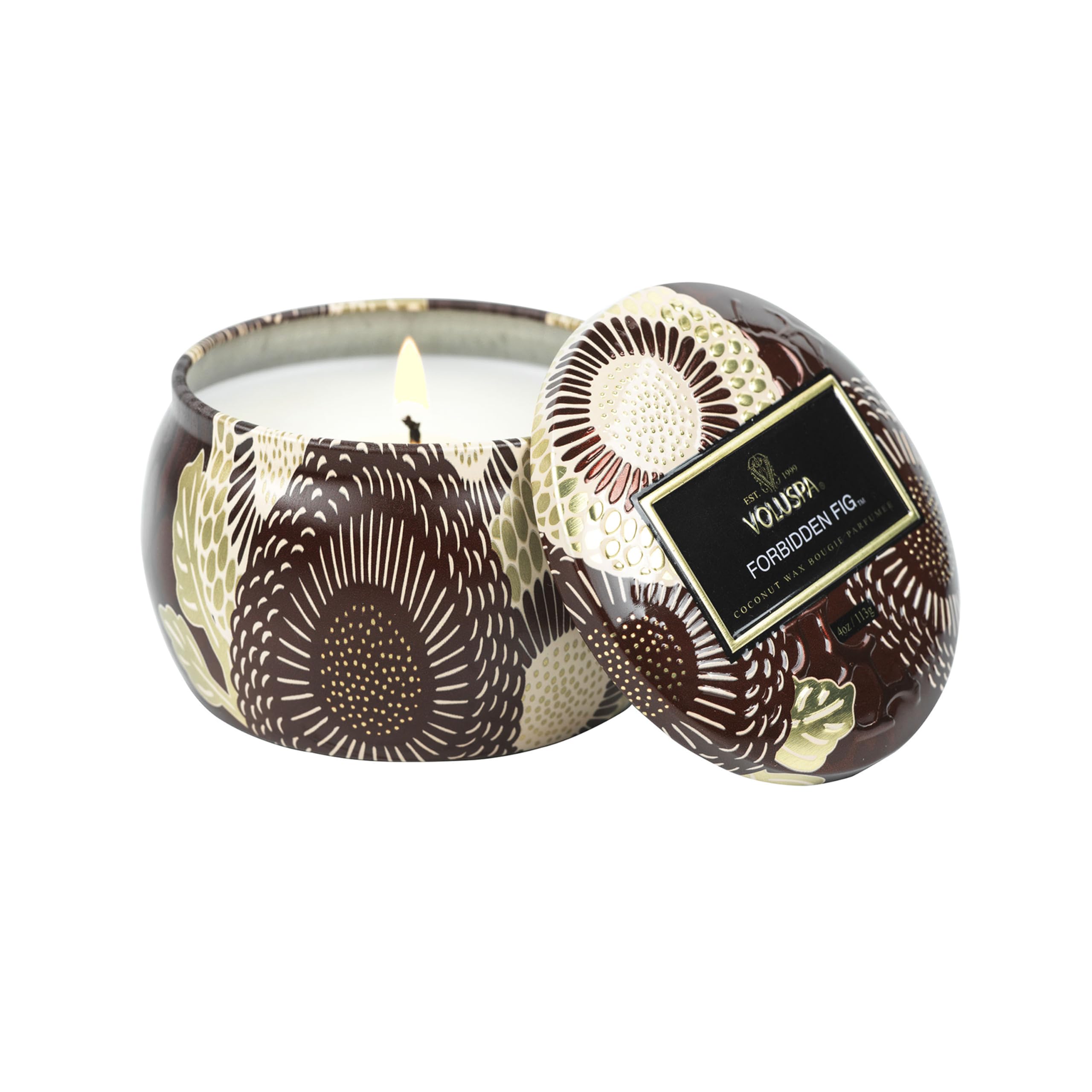 Voluspa Forbidden Fig, Mini Tin Candle, 4 oz, 25 Hour Burn Time, Coconut Wax for Clean Burning, Handcrafted in The USA