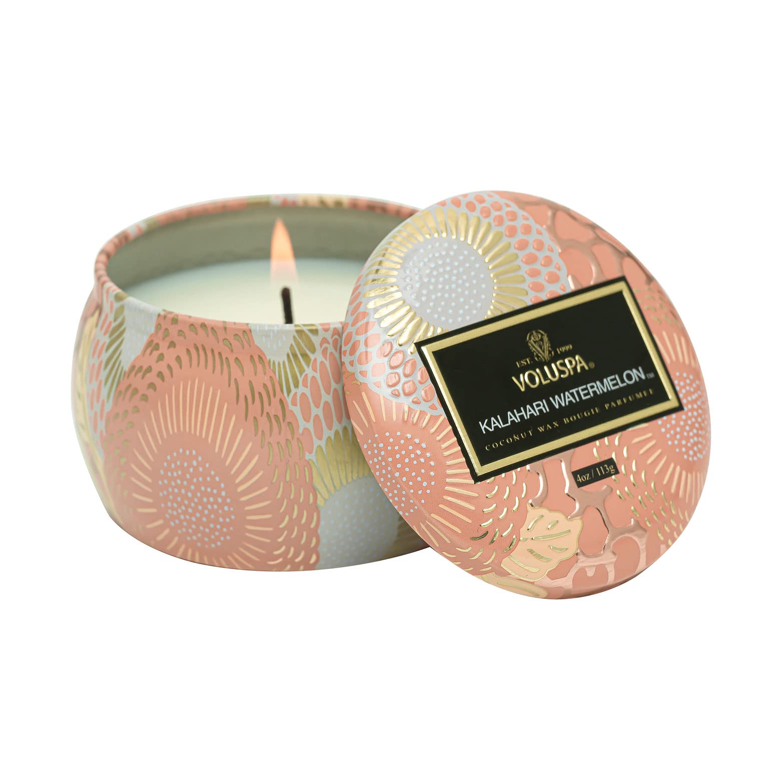 Voluspa Kalahari Watermelon, Mini Tin Candle, 4 oz, 25 Hour Burn Time, Coconut Wax Candle for The Home, Handcrafted in The USA