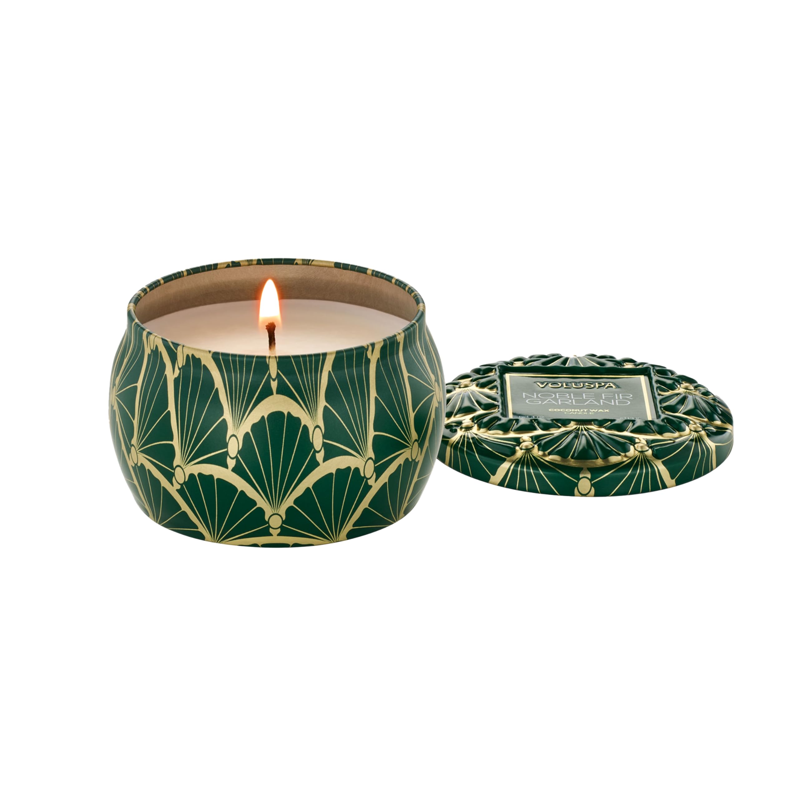Voluspa Noble Fir Garland, Mini Tin Candle, 4 oz, 25 Hour Burn Time, Coconut Wax Candle for The Home, Handcrafted in The USA