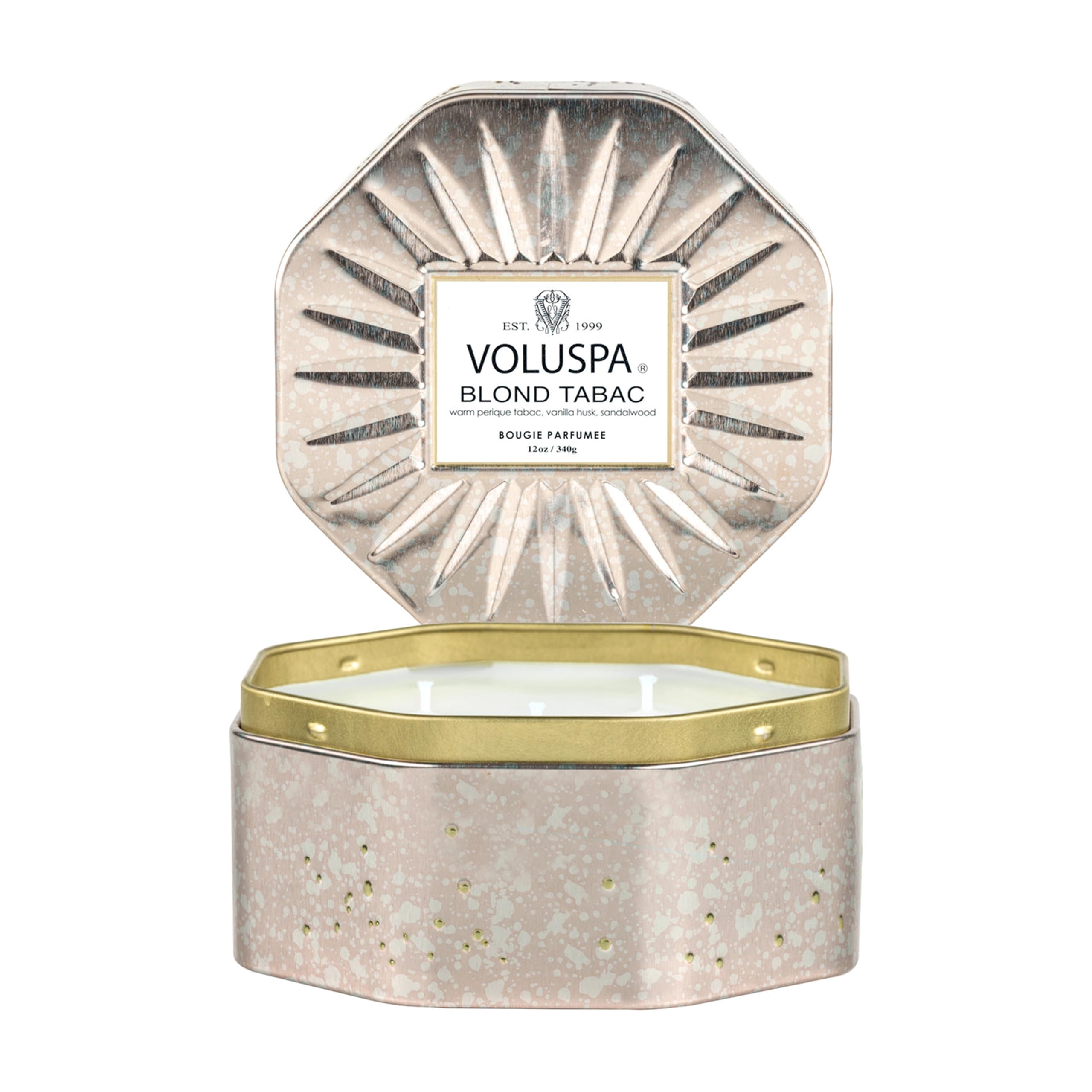 Voluspa Blond Tabac, 3 Wick Tin Candle, 12 oz, 40 Hour Burn Time, Coconut Wax for Clean Burning, Handcrafted in The USA