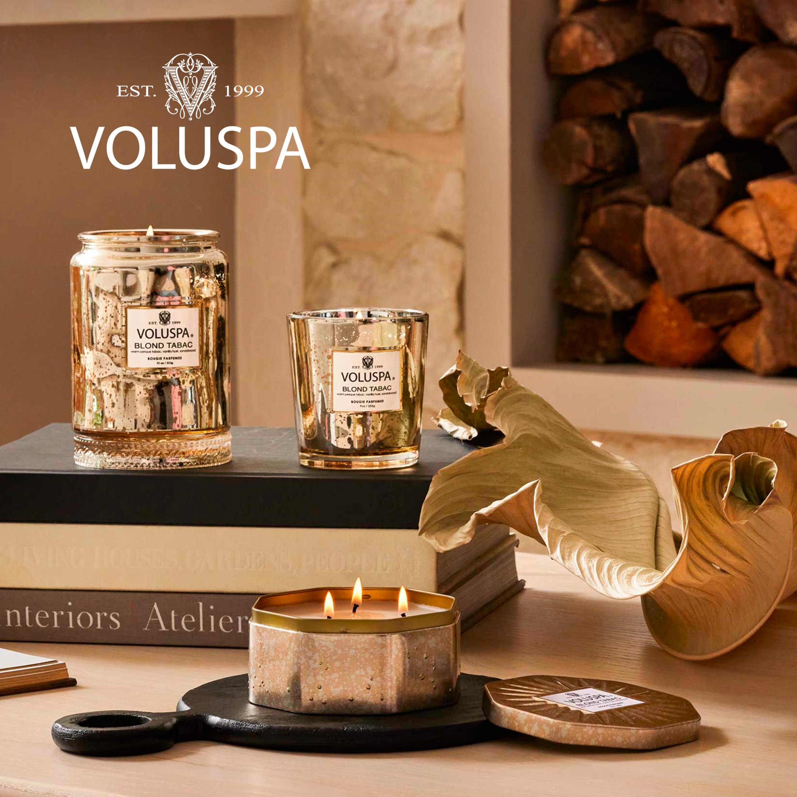 Voluspa Blond Tabac, 3 Wick Tin Candle, 12 oz, 40 Hour Burn Time, Coconut Wax for Clean Burning, Handcrafted in The USA