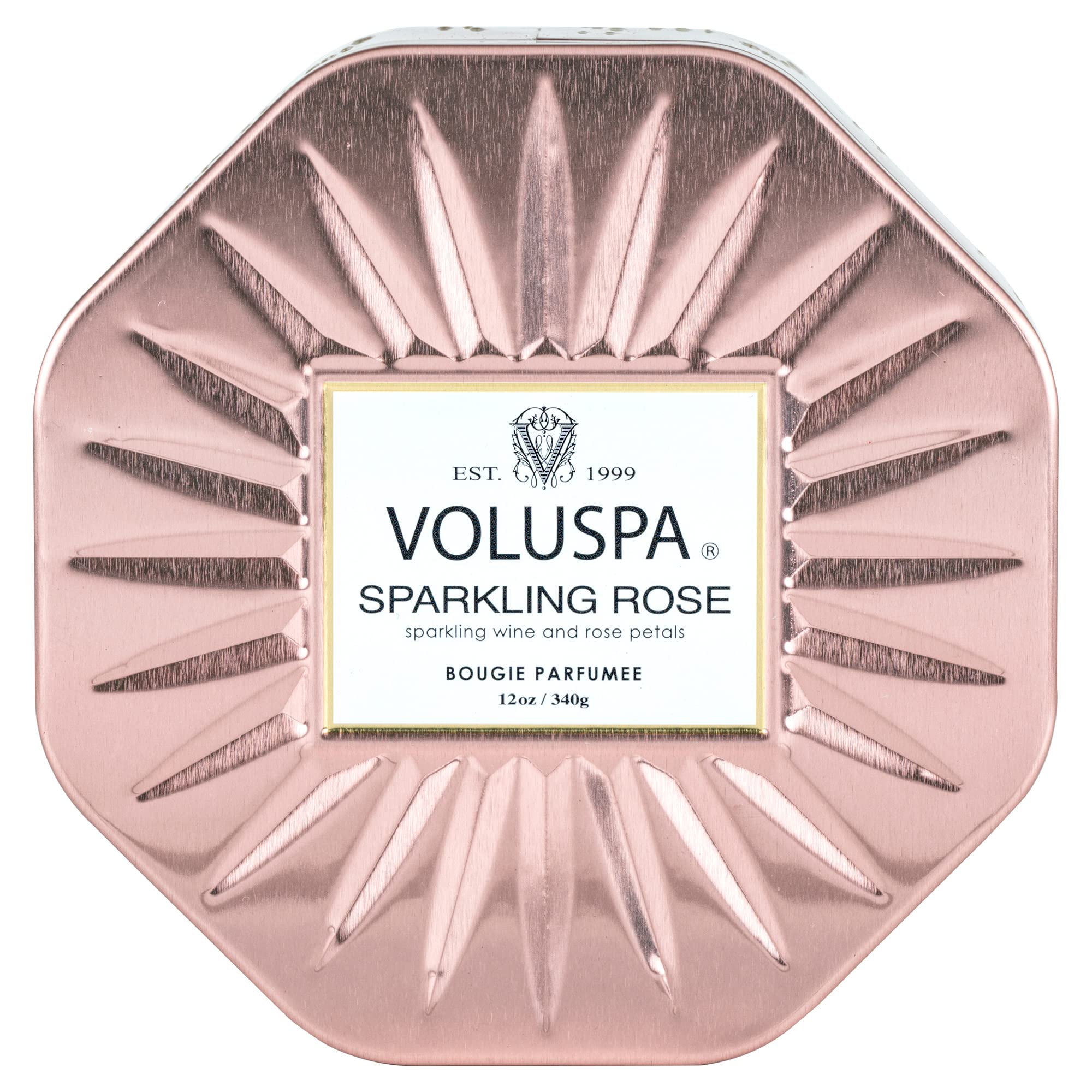 Voluspa Sparkling Rose, 3 Wick Tin Candle, 12 Ounce, 40 Hour Burn Time, Coconut Wax for Clean Burning, Handcrafted in The USA