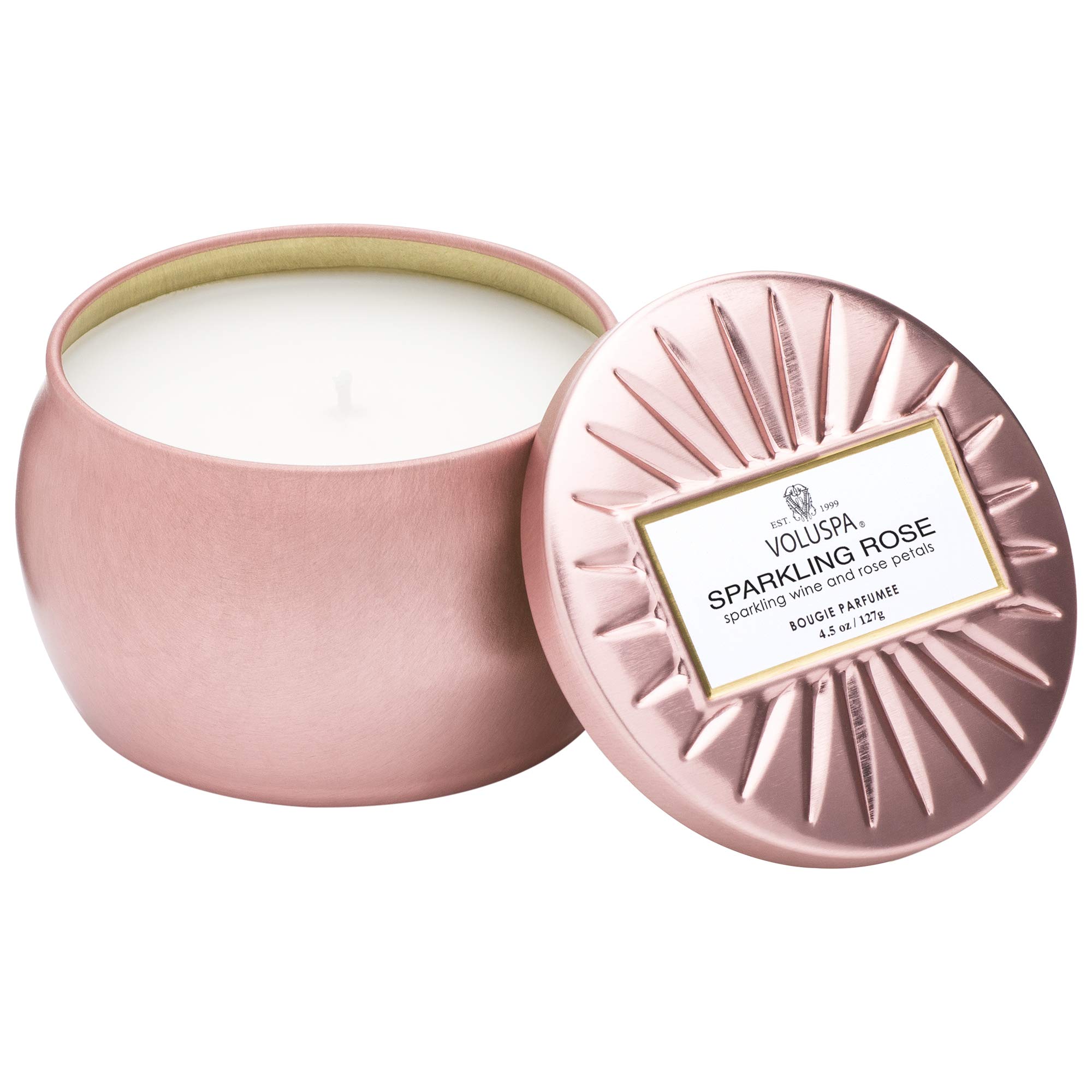 Voluspa Sparkling Rose, Mini Tin Candle, 4 Ounce, 25 Hour Burn Time, Coconut Wax for Clean Burning, Handcrafted in The USA