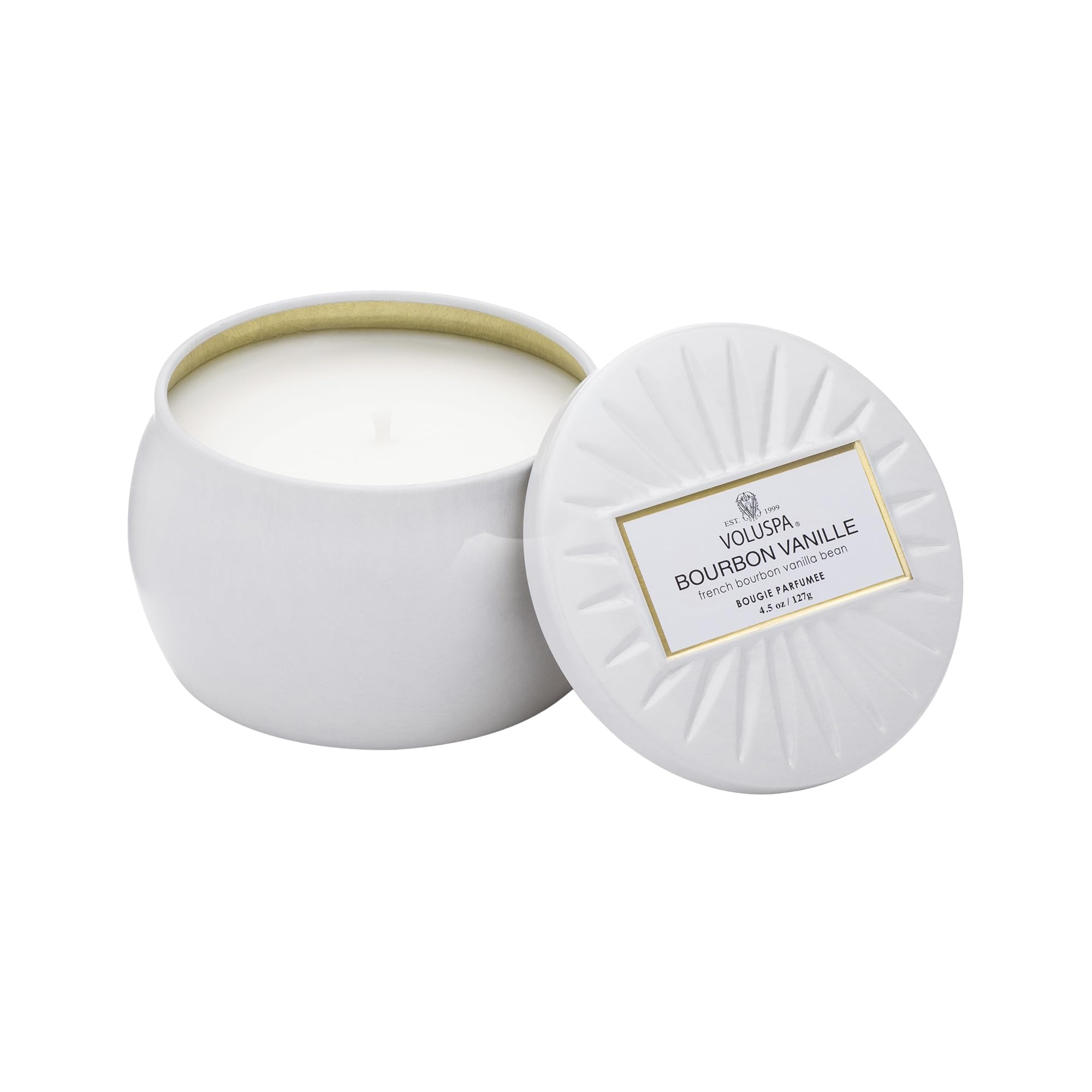 Voluspa Bourbon Vanille, Mini Tin Candle, 4 oz, 25 Hour Burn Time, Coconut Wax for Clean Burning, Handcrafted in the USA