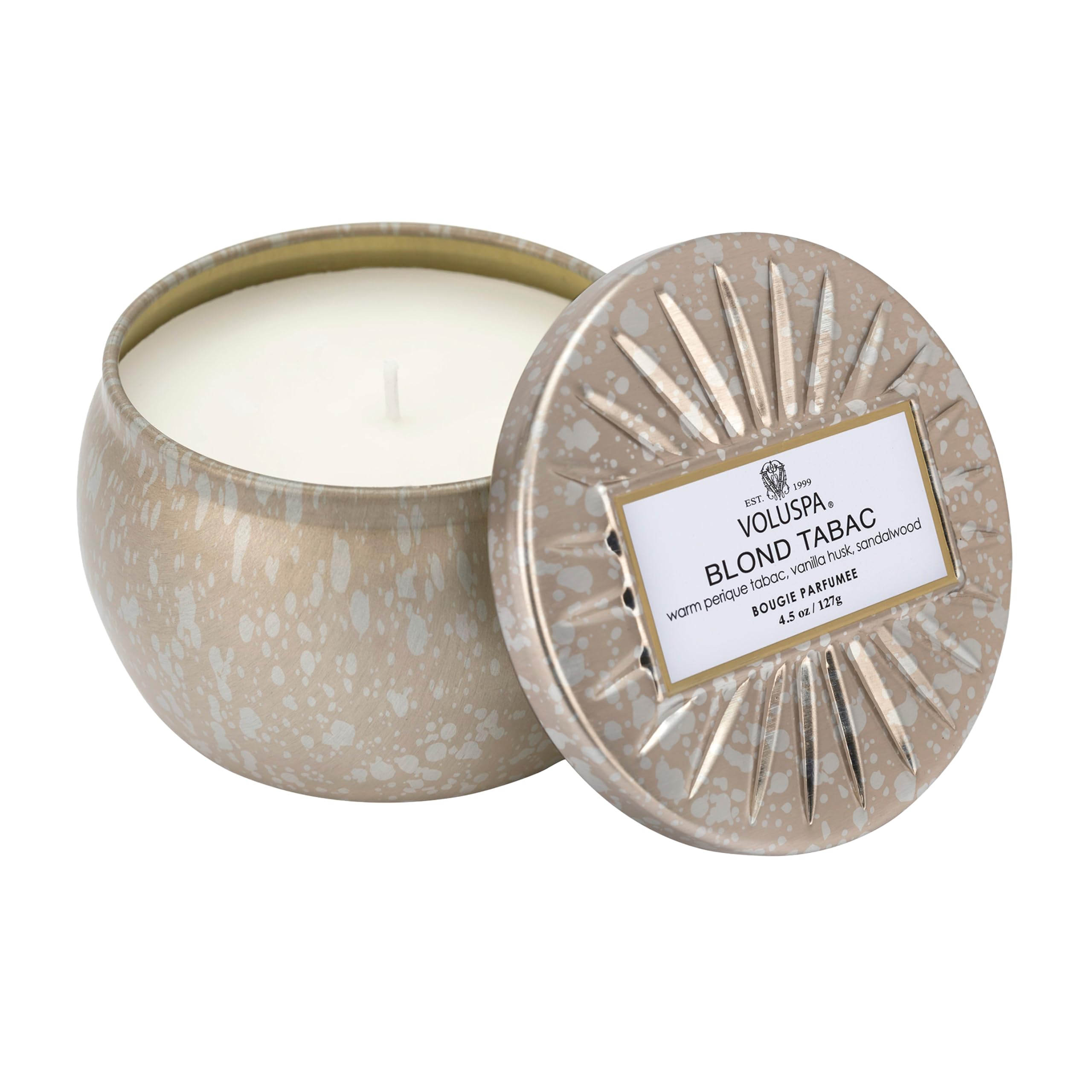 Voluspa Blond Tabac, Mini Tin Candle, 4 oz, 25 Hour Burn Time, Coconut Wax for Clean Burning, Handcrafted in the USA