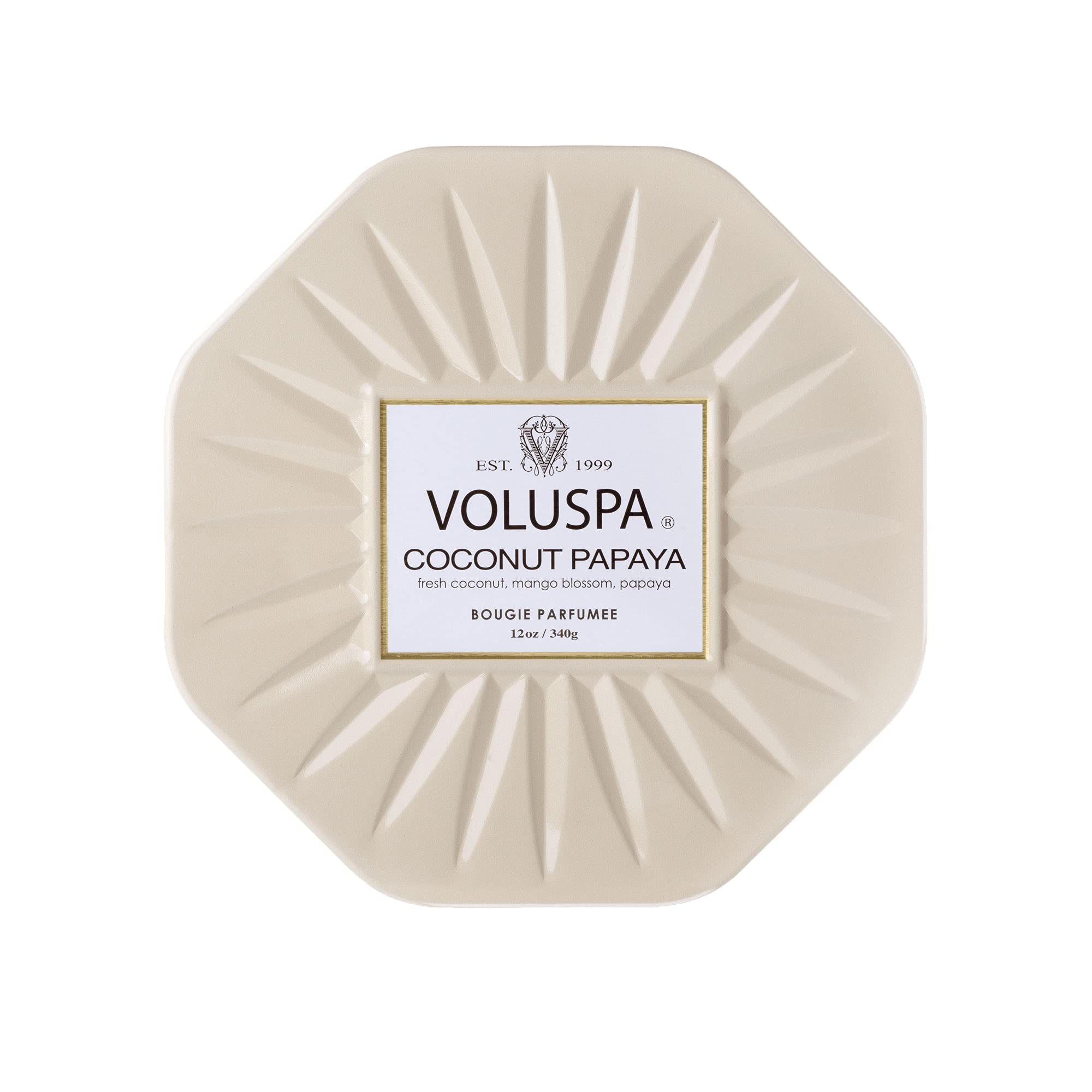 Voluspa Coconut Papaya, 3 Wick Tin Candle, 12 Ounces, 40 Hour Burn Time, Coconut Wax for Clean Burning, Handcrafted in The USA