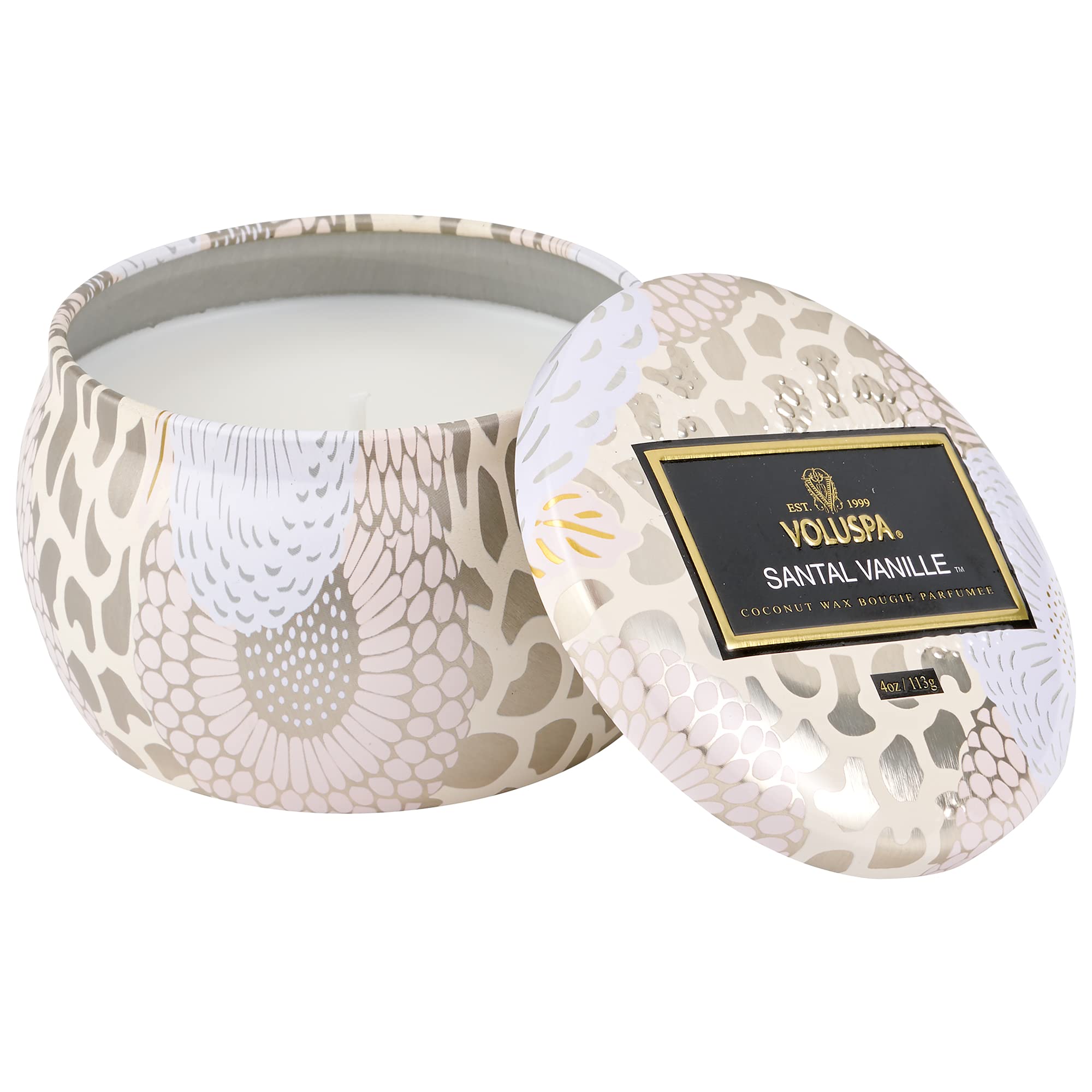 Voluspa Santal Vanille, Mini Tin Candle, 4 Ounce, 25 Hour Burn Time, Coconut Wax for Clean Burning, Handcrafted in The USA