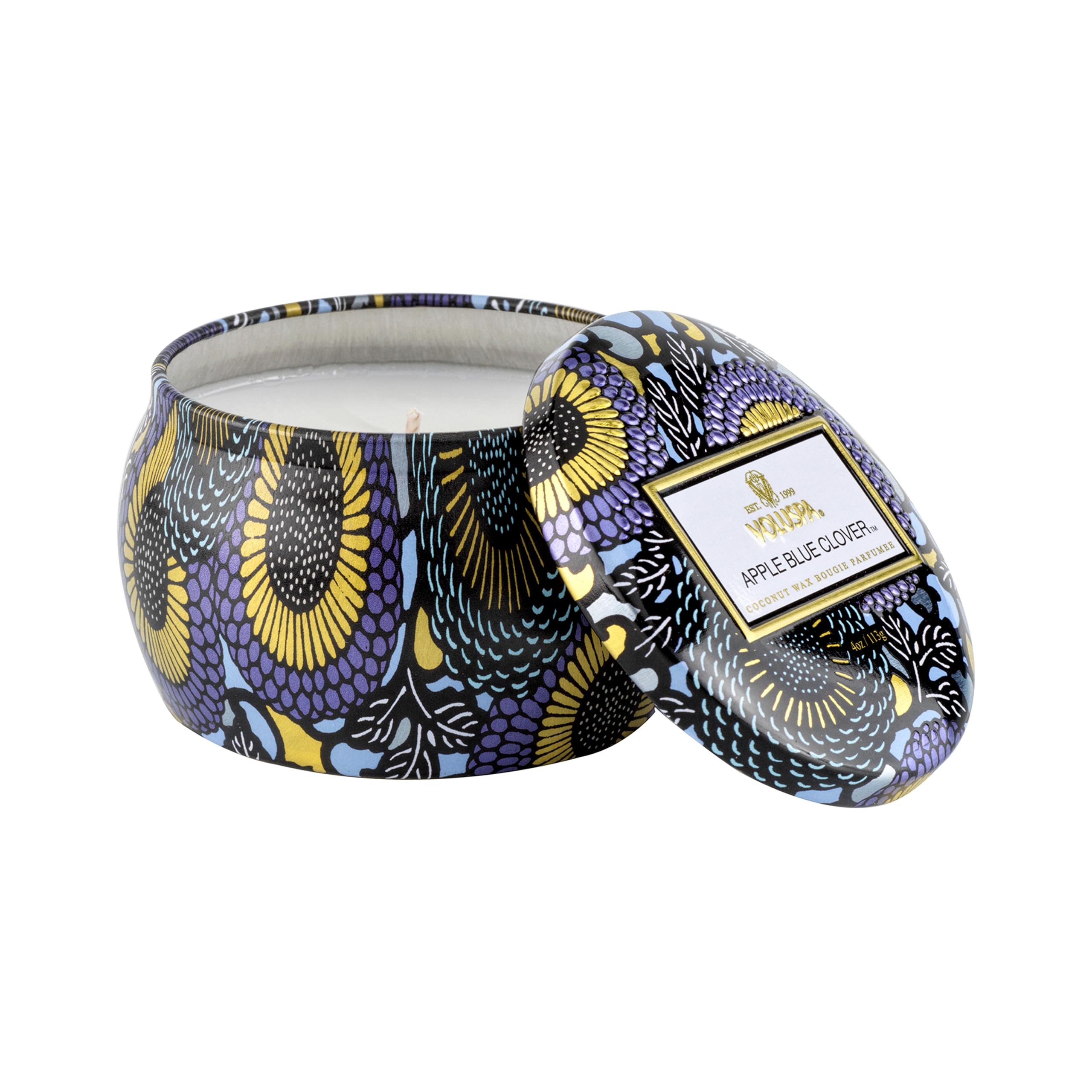 Voluspa Apple Blue Clover, Mini Tin Candle, 4 oz, 25 Hour Burn Time, Coconut Wax for Clean Burning, Handcrafted in The USA