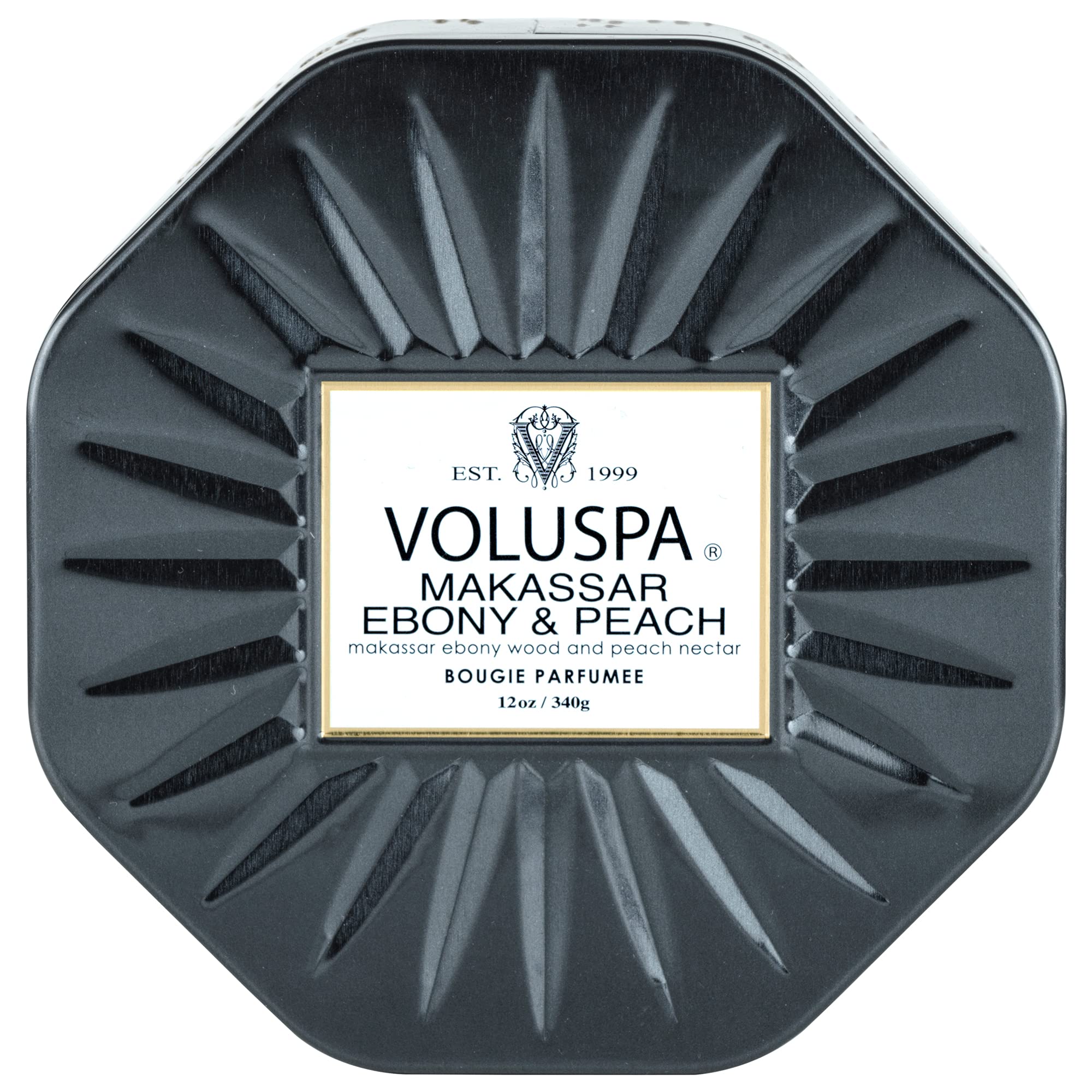 Voluspa Makassar Ebony & Peach Candle | 3 Wick Tin |Coconut Wax for Clean Burning | 12 Oz.