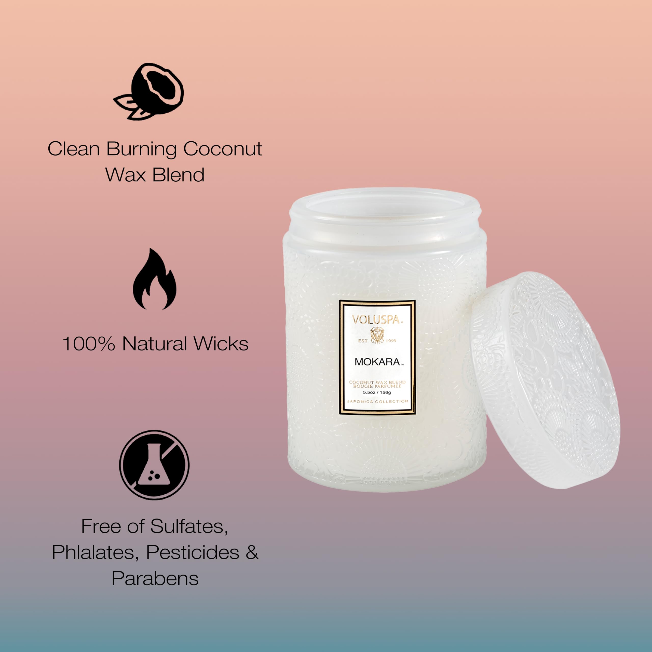Voluspa Mokara, Small Candle Jar, 5.5 oz, 50 Hour Burn Time, Coconut Wax for Clean Burning, Handcrafted in the USA