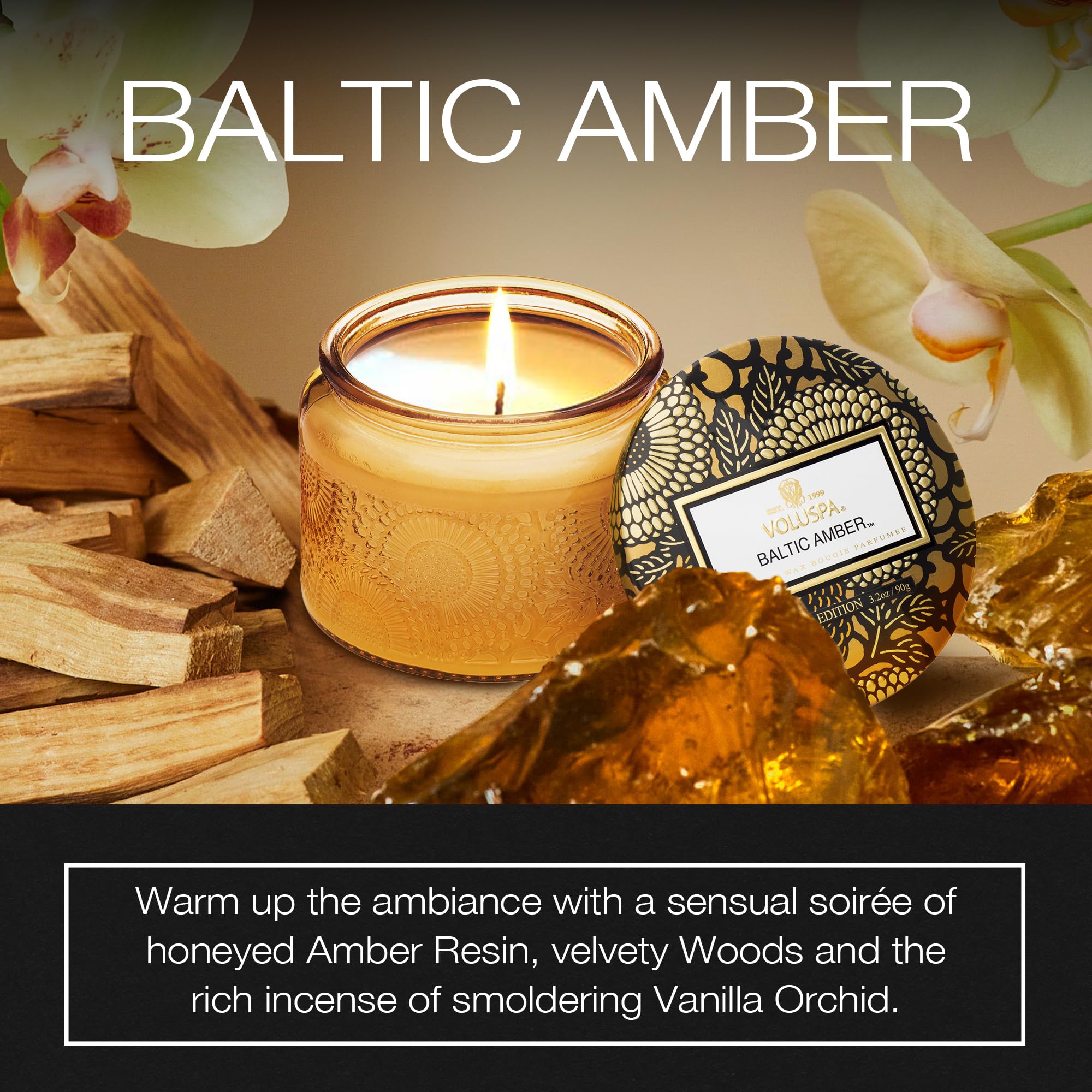 Voluspa Baltic Amber, Petite Candle Jar, 3.2 Ounce, 25 Hour Burn Time, Coconut Wax for Clean Burning, Handcrafted in the USA