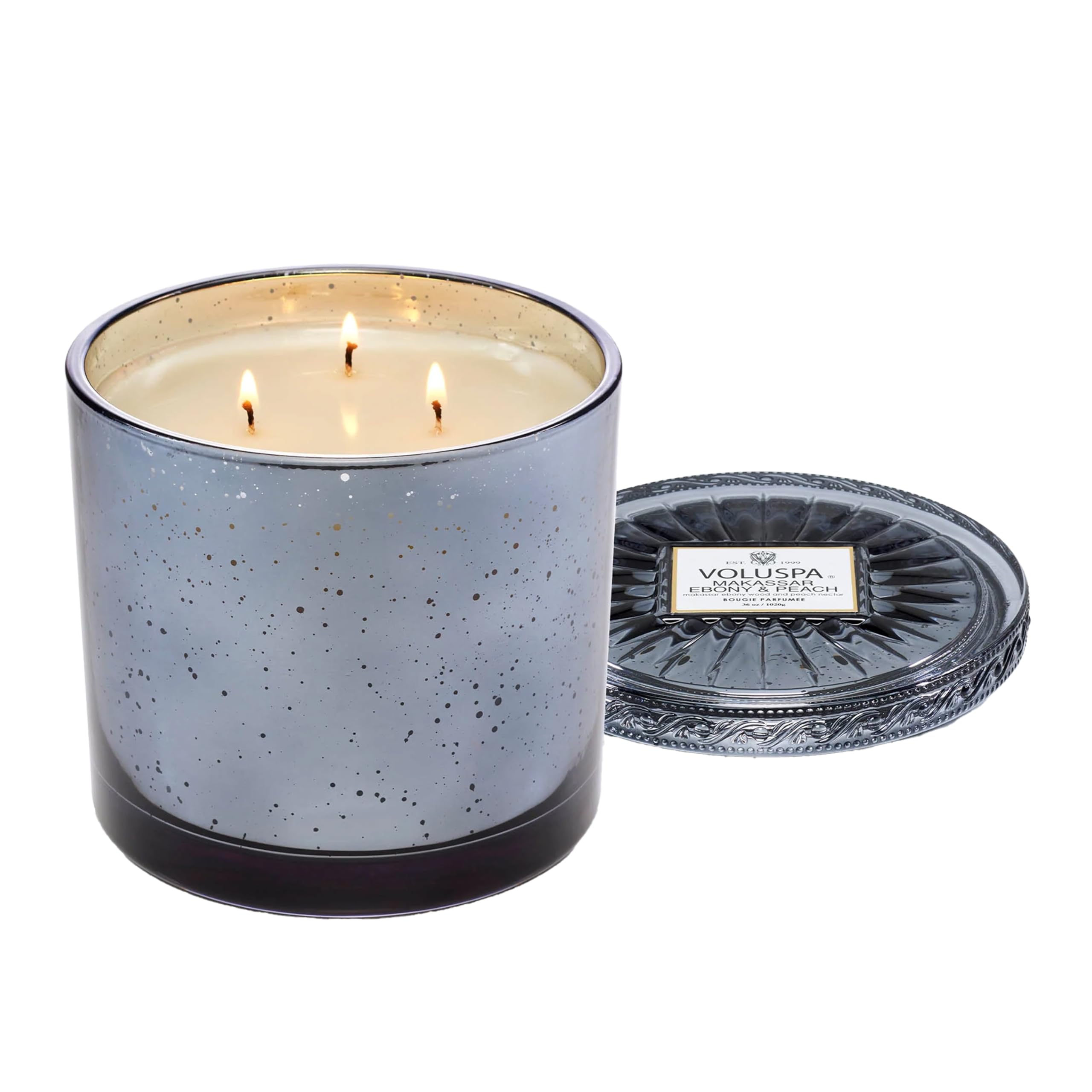Voluspa Makassar Ebony & Peach, Grande Maison 3 Wick Glass Candle, 36 oz, 100 Hour Burn Time, Coconut Wax for Clean Burning, Handcrafted in The USA