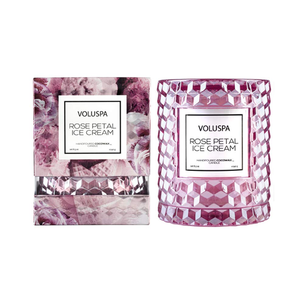 Voluspa Rose Petal Ice Cream, Cloche Textured Glass Candle, 8.5 Ounce, 55 Hour Burn Time, Coconut Wax for Clean Burning, Handcrafted in The USA