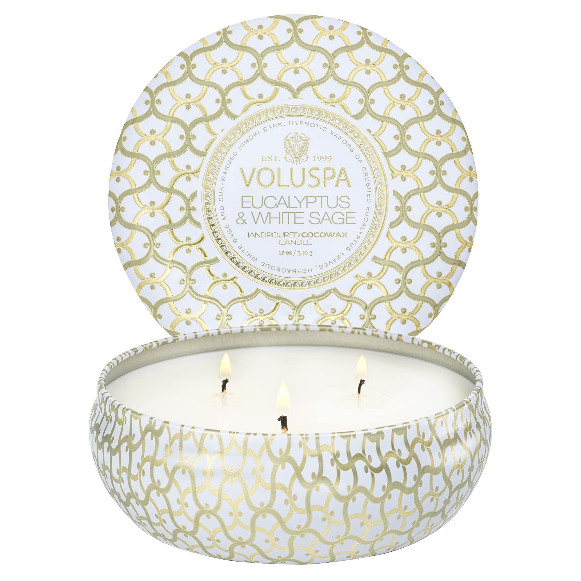 Voluspa Eucalyptus & White Sage, 3 Wick Tin Candle, 12 oz, 40 Hour Burn Time, Coconut Wax for Clean Burning, Handcrafted in the USA