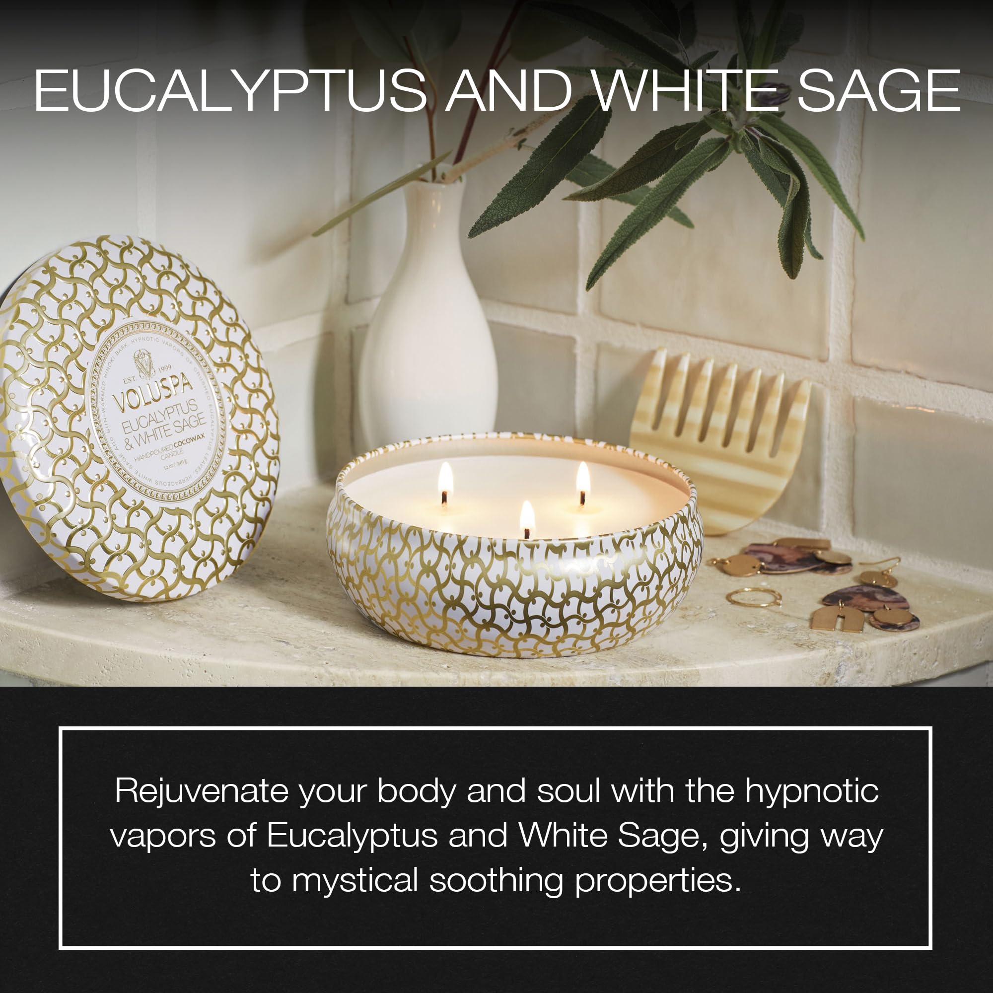 Voluspa Eucalyptus & White Sage, 3 Wick Tin Candle, 12 oz, 40 Hour Burn Time, Coconut Wax for Clean Burning, Handcrafted in the USA