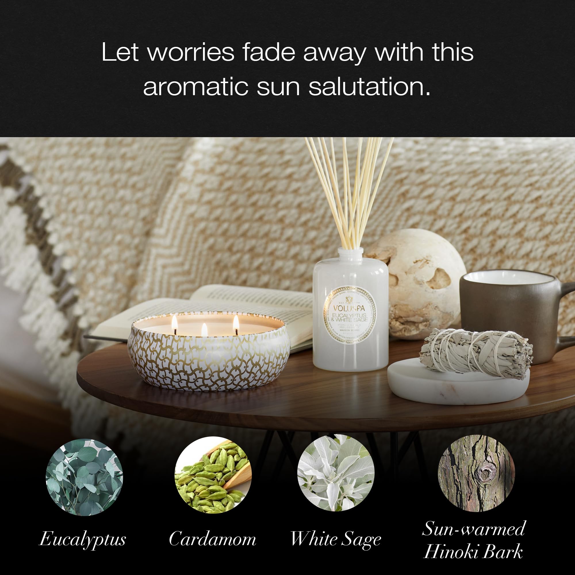 Voluspa Eucalyptus & White Sage, 3 Wick Tin Candle, 12 oz, 40 Hour Burn Time, Coconut Wax for Clean Burning, Handcrafted in the USA