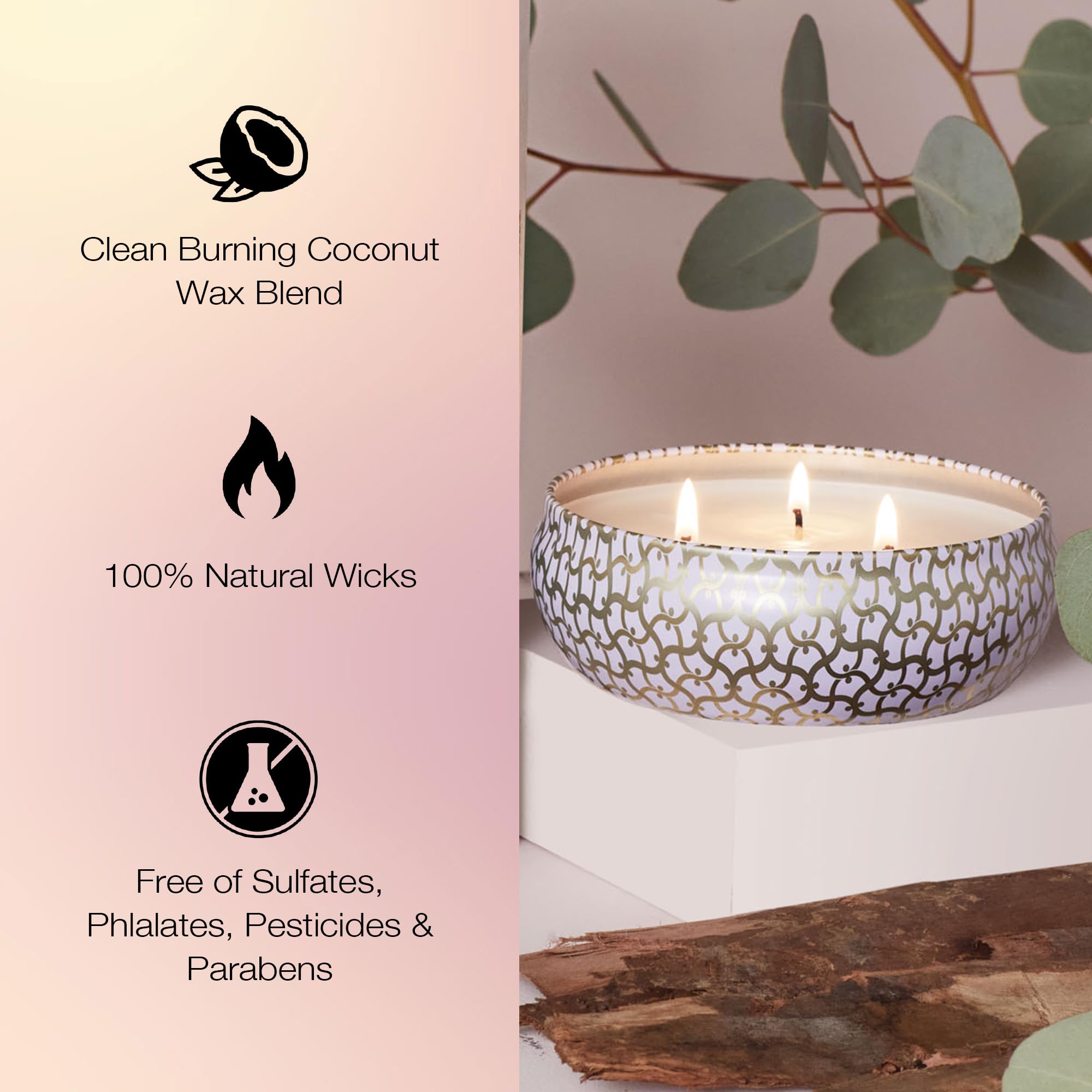 Voluspa Eucalyptus & White Sage, 3 Wick Tin Candle, 12 oz, 40 Hour Burn Time, Coconut Wax for Clean Burning, Handcrafted in the USA