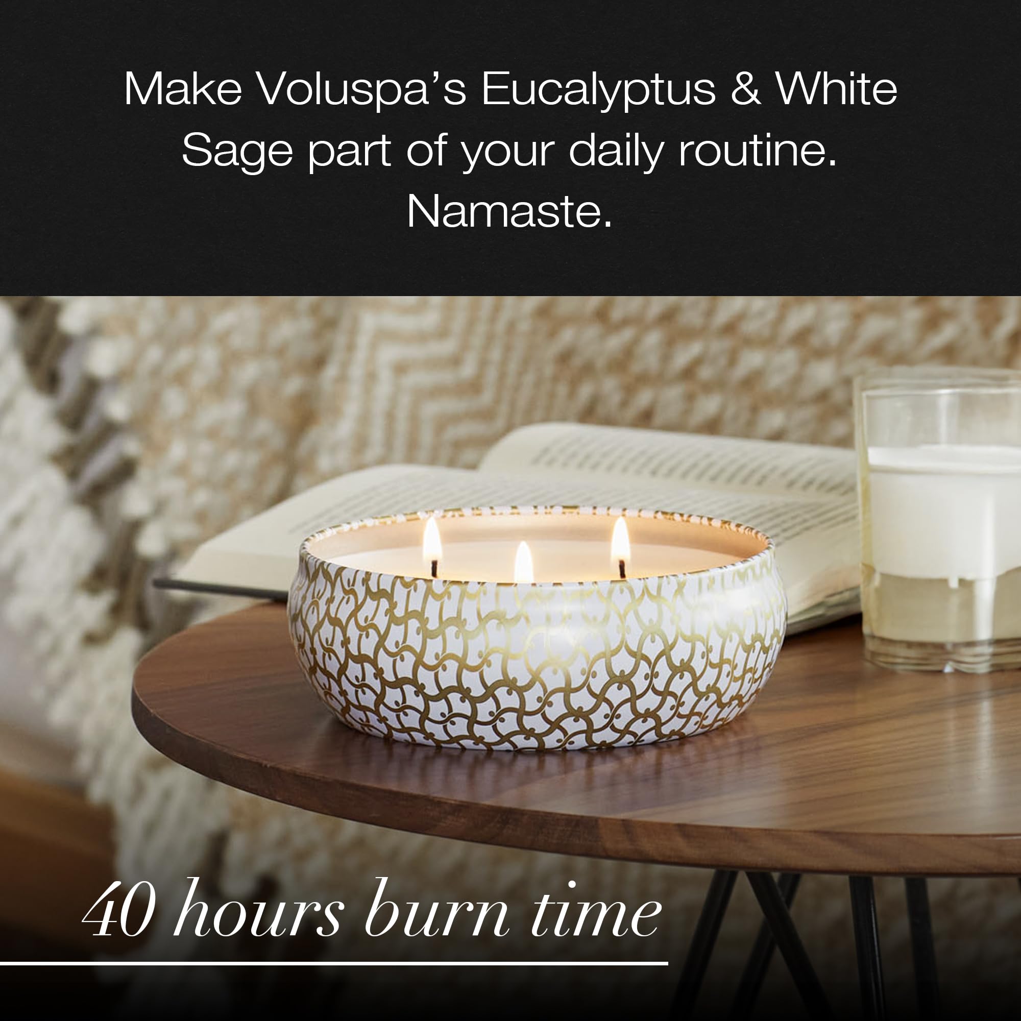 Voluspa Eucalyptus & White Sage, 3 Wick Tin Candle, 12 oz, 40 Hour Burn Time, Coconut Wax for Clean Burning, Handcrafted in the USA