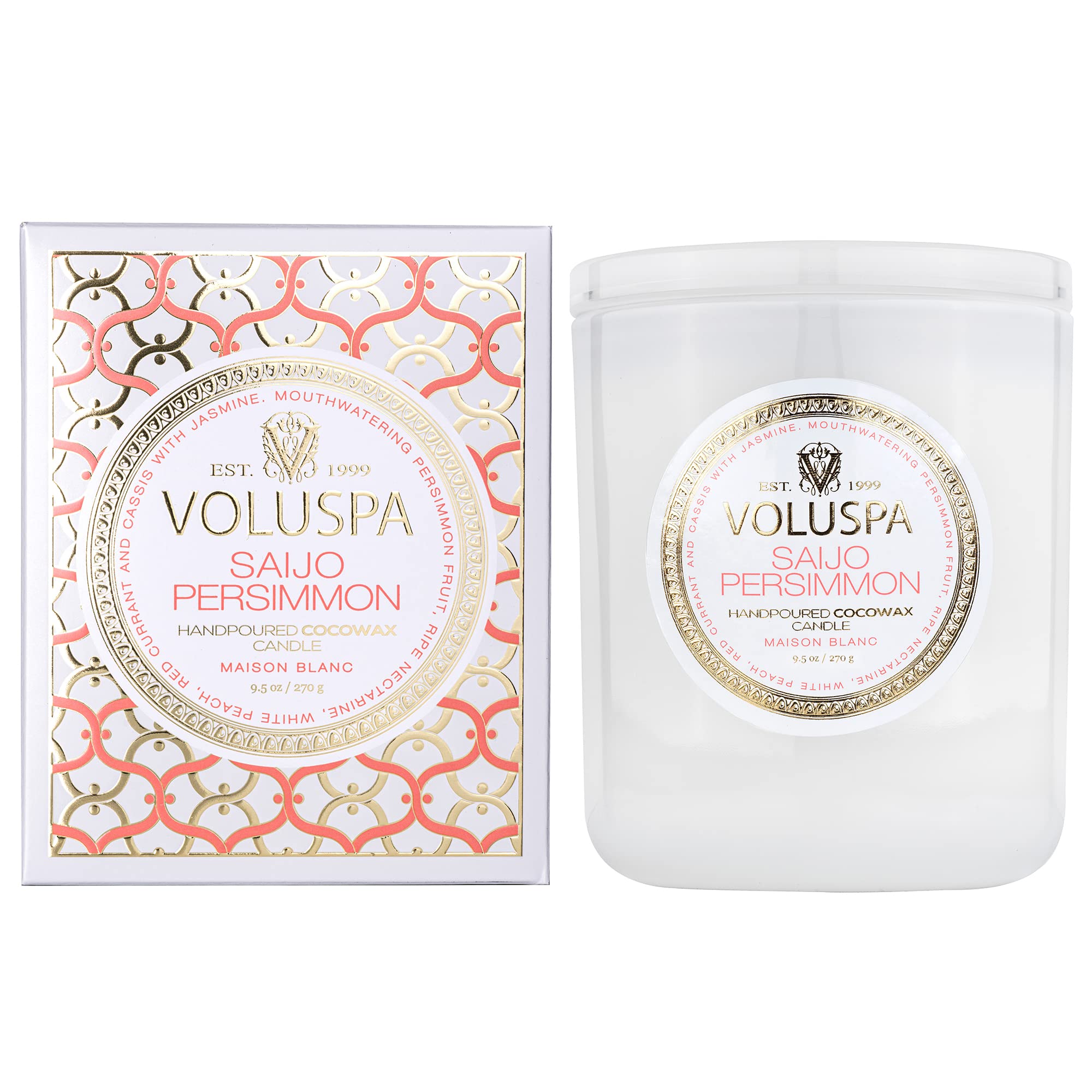 Voluspa Saijo Persimmon, Classic Boxed Candle, 9.5 Ounce, 60 Hour Burn Time, Coconut Wax for Clean Burning, Handcrafted in The USA