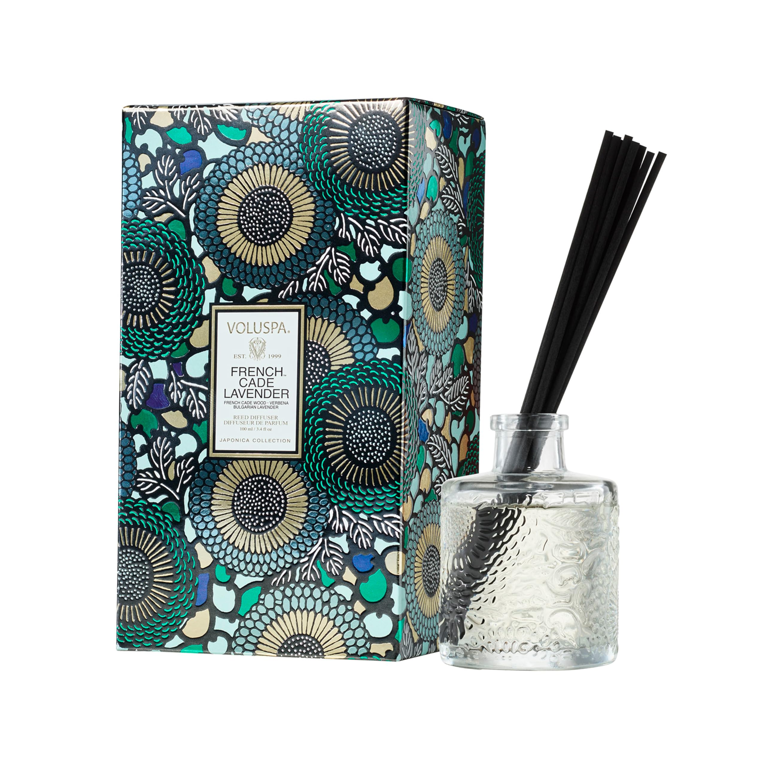 Voluspa French Cade Lavender Scented Reed Diffuser, 3.4 oz, Luxury Woody Lavender Diffuser, Oil Reed Diffusers for Home, Handcrafted in The USA