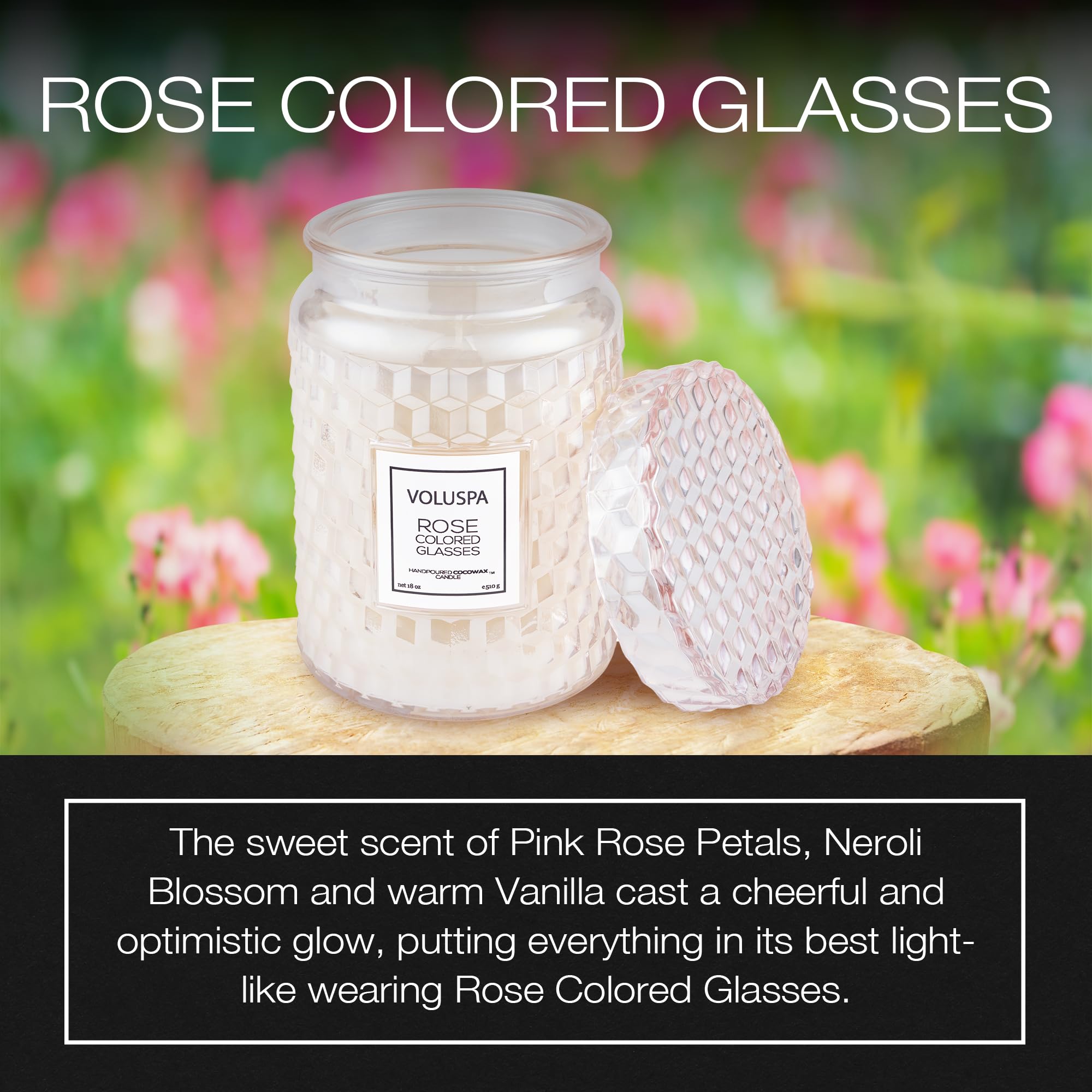 Voluspa Rose Colored Glasses, Large Candle Jar, 18 Ounce, 100 Hour Burn Time, Coconut Wax for Clean Burning, Handcrafted in The USA