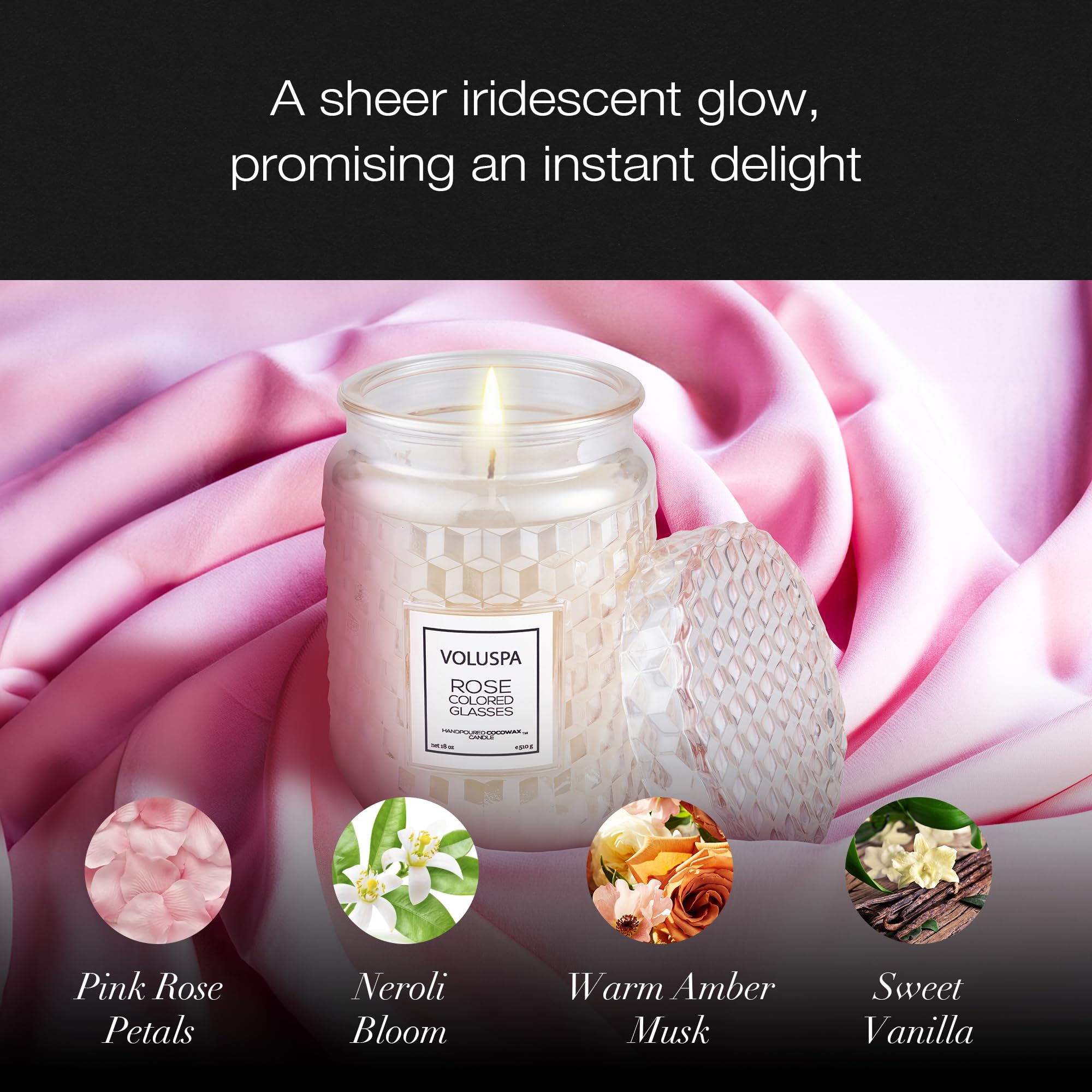 Voluspa Rose Colored Glasses, Large Candle Jar, 18 Ounce, 100 Hour Burn Time, Coconut Wax for Clean Burning, Handcrafted in The USA