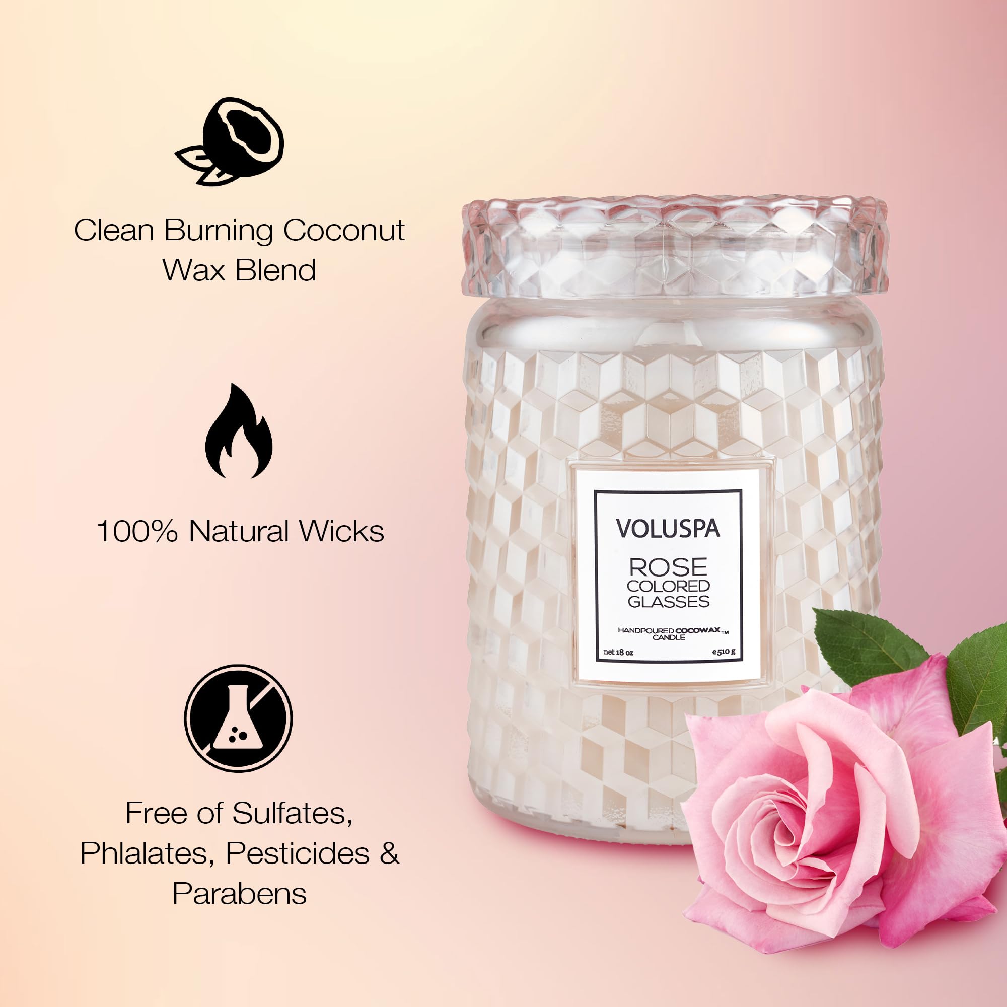 Voluspa Rose Colored Glasses, Large Candle Jar, 18 Ounce, 100 Hour Burn Time, Coconut Wax for Clean Burning, Handcrafted in The USA
