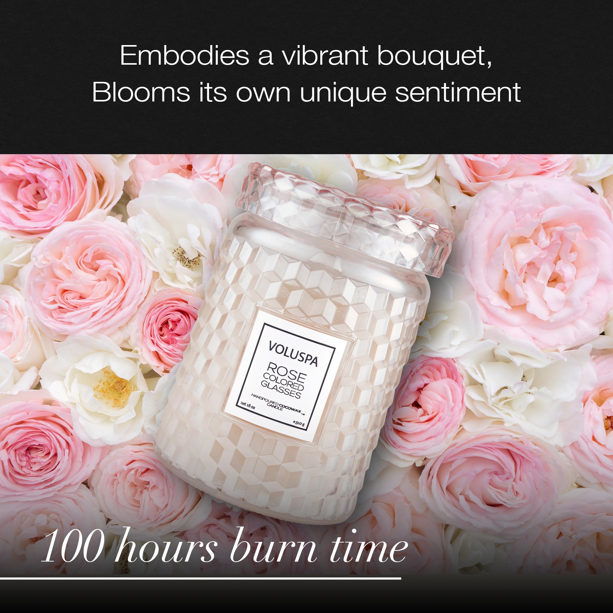 Voluspa Rose Colored Glasses, Large Candle Jar, 18 Ounce, 100 Hour Burn Time, Coconut Wax for Clean Burning, Handcrafted in The USA