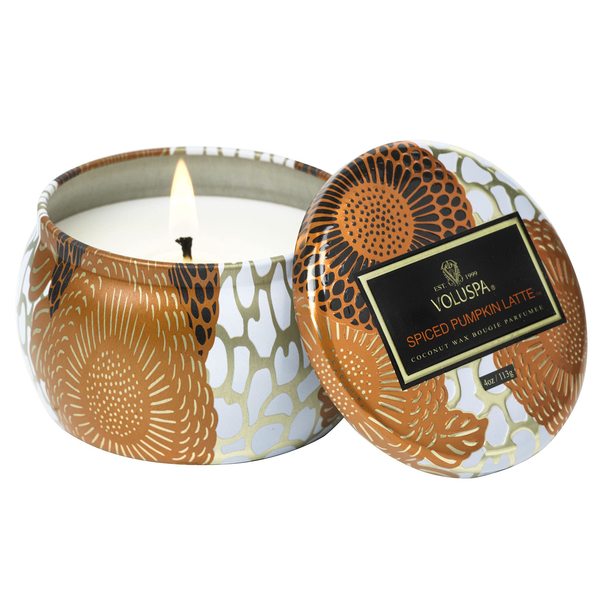Voluspa Spiced Pumpkin Latte Candle | Mini Tin | 4 Oz. | Fall Candle | Clean Burning Coconut Wax Candle and Natural Wicks