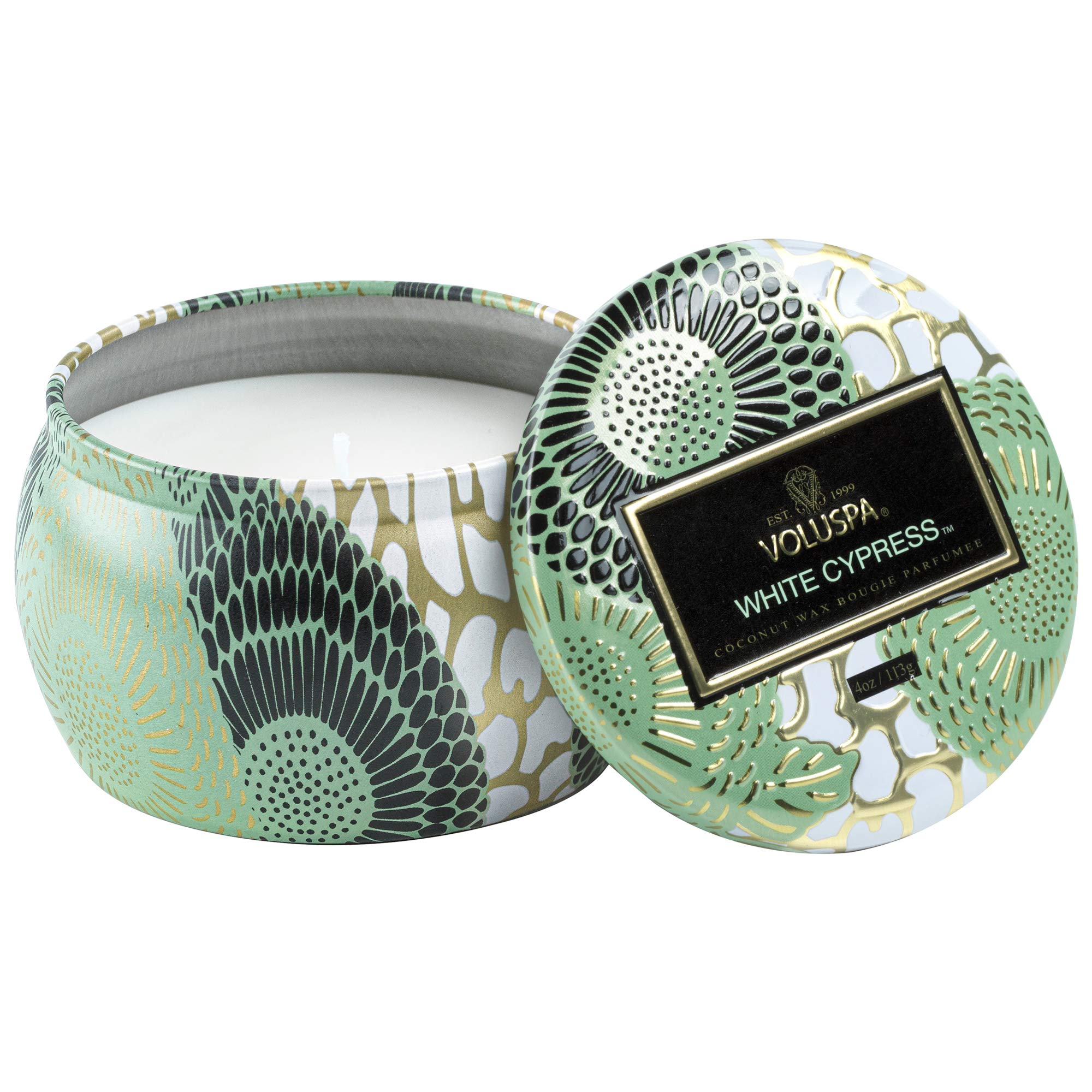 Voluspa White Cypress Candle | Mini Tin | 4 Oz. | 25 Hour Burn Time | | Coconut Wax for a Cleaner Burn