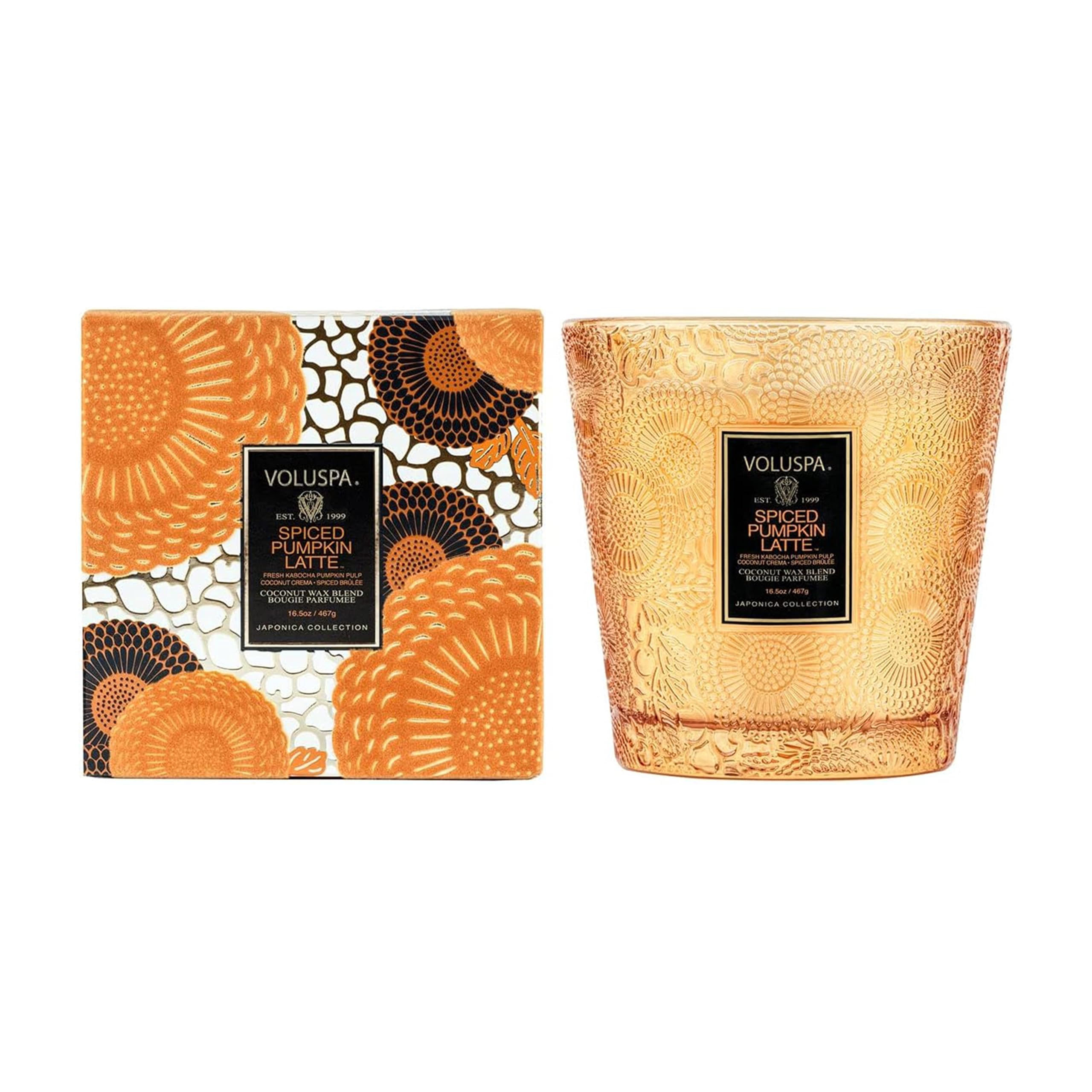 Voluspa Spiced Pumpkin Latte, 2 Wick Boxed Hearth Candle, 16.5 Ounce, 60 Hour Burn Time, Coconut Wax for Clean Burning, Handcrafted in The USA