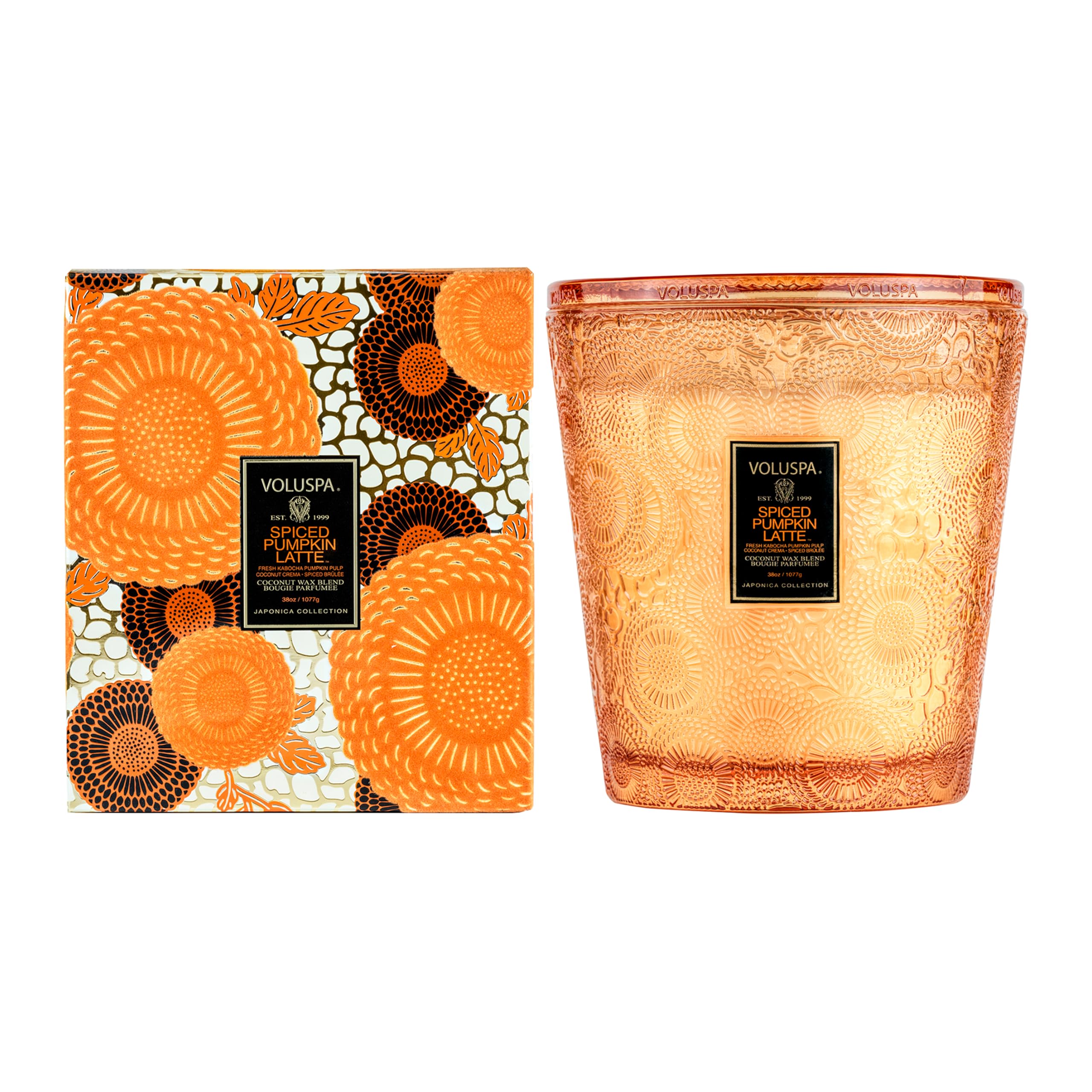 Voluspa Spiced Pumpkin Latte, 3 Wick Boxed Hearth, 38 Ounce, 80 Hour Burn Time, Coconut Wax for Clean Burning, Handcrafted in The USA