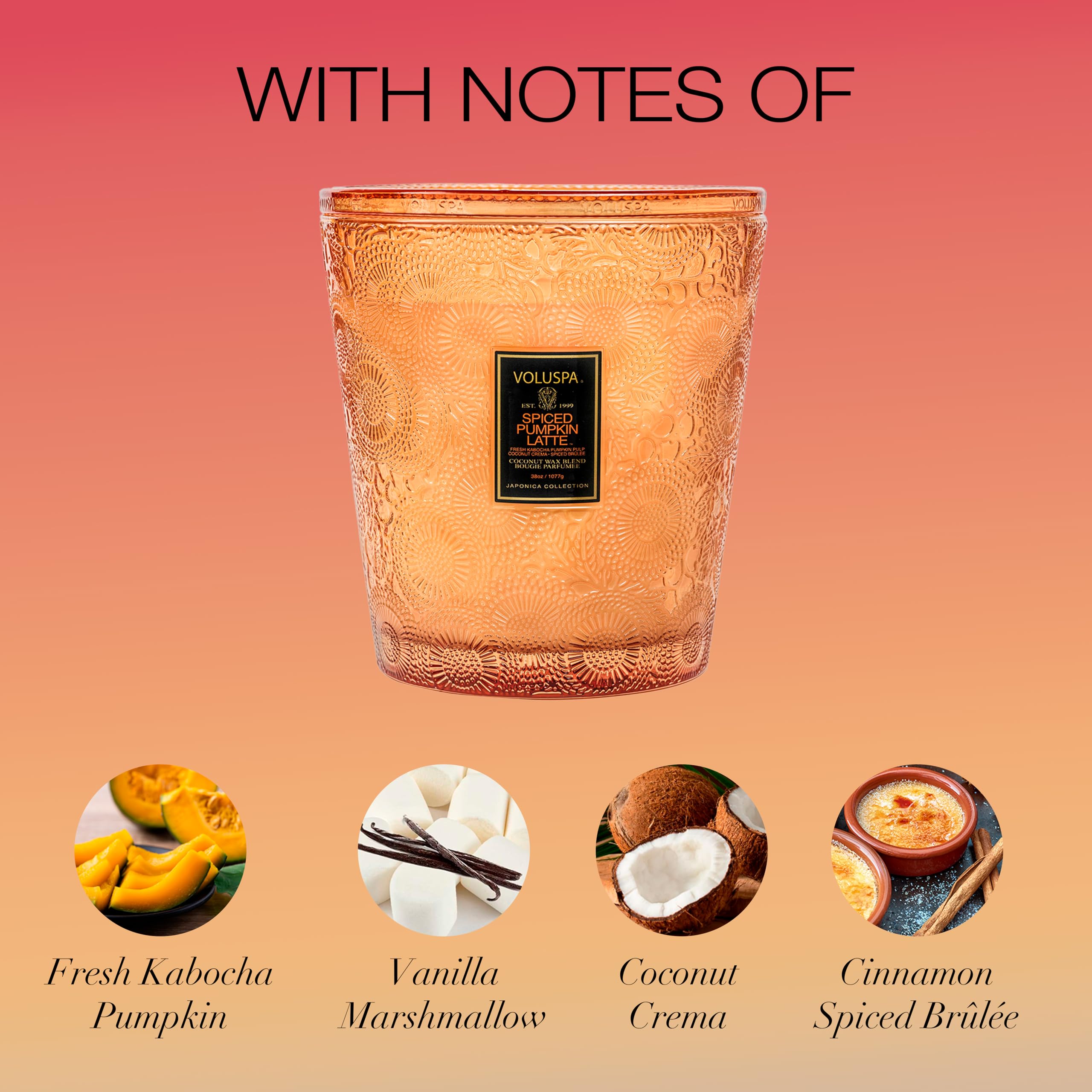 Voluspa Spiced Pumpkin Latte, 3 Wick Boxed Hearth, 38 Ounce, 80 Hour Burn Time, Coconut Wax for Clean Burning, Handcrafted in The USA