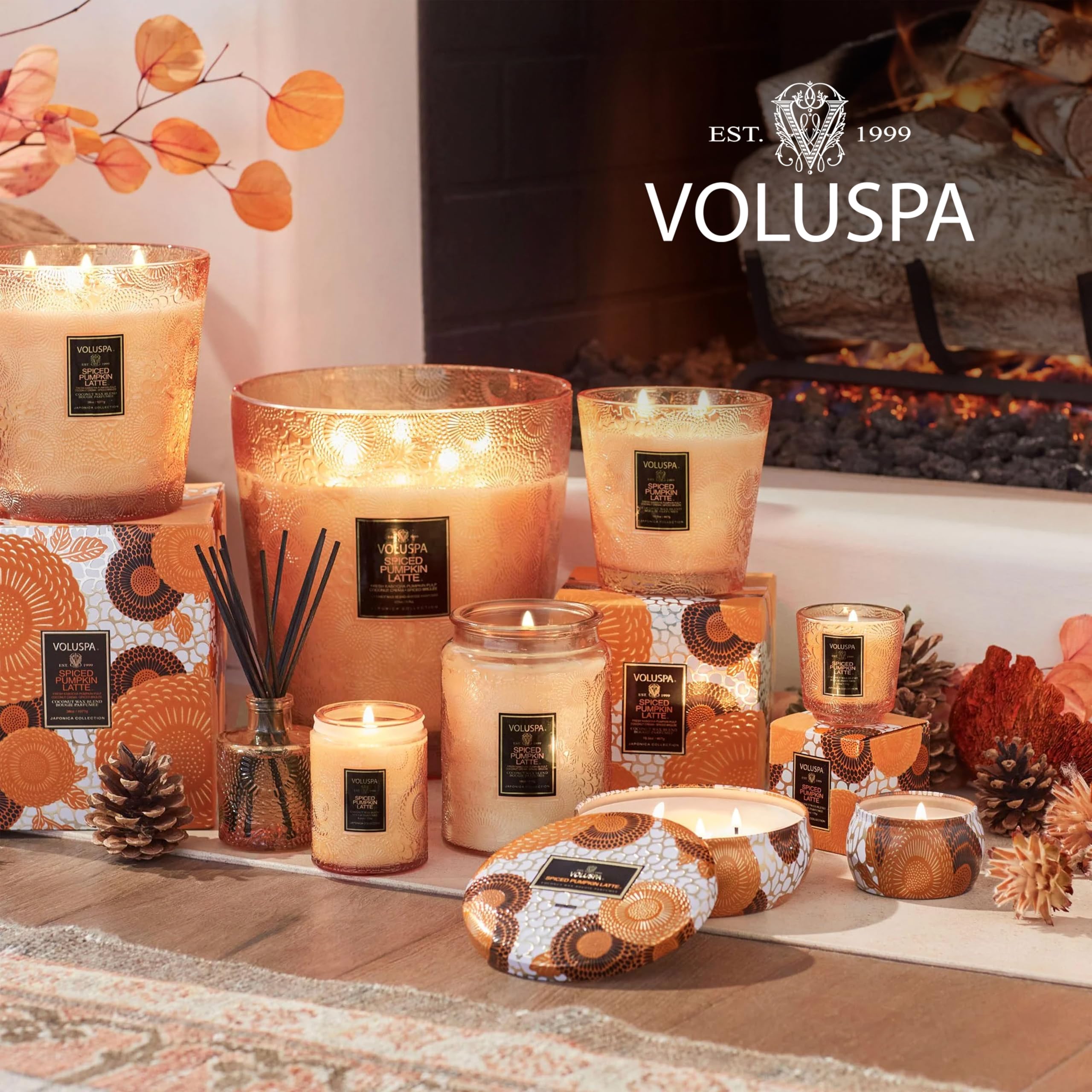 Voluspa Spiced Pumpkin Latte, 3 Wick Boxed Hearth, 38 Ounce, 80 Hour Burn Time, Coconut Wax for Clean Burning, Handcrafted in The USA