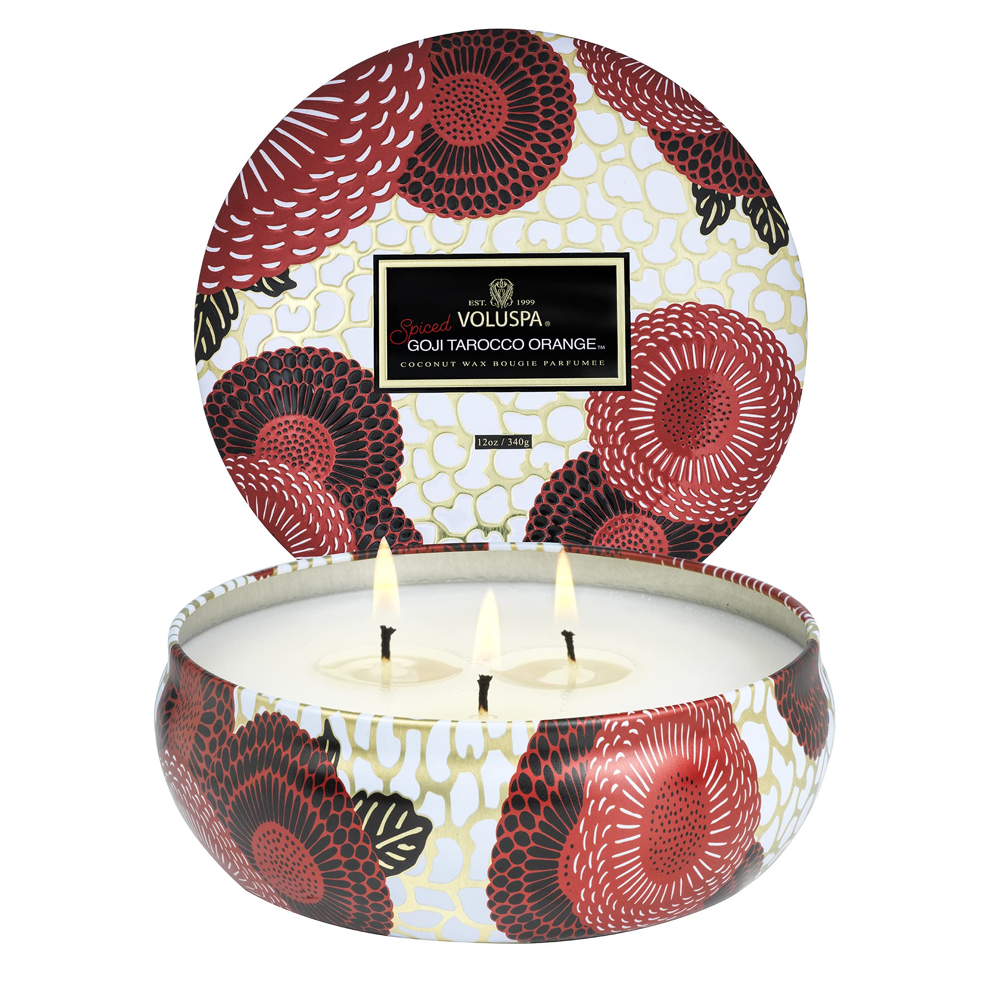 Voluspa Spiced Goji Tarocco Orange, 3 Wick Tin Candle, 12 Ounces, 40 Hour Burn Time, Coconut Wax for Clean Burning, Handcrafted in The USA